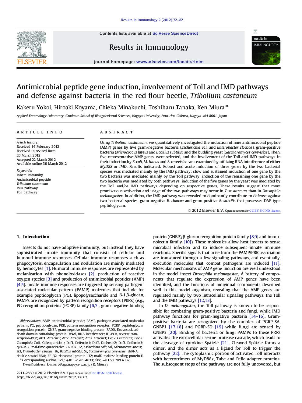 Antimicrobial peptide gene induction, involvement of Toll and IMD pathways and defense against bacteria in the red flour beetle, Tribolium castaneum