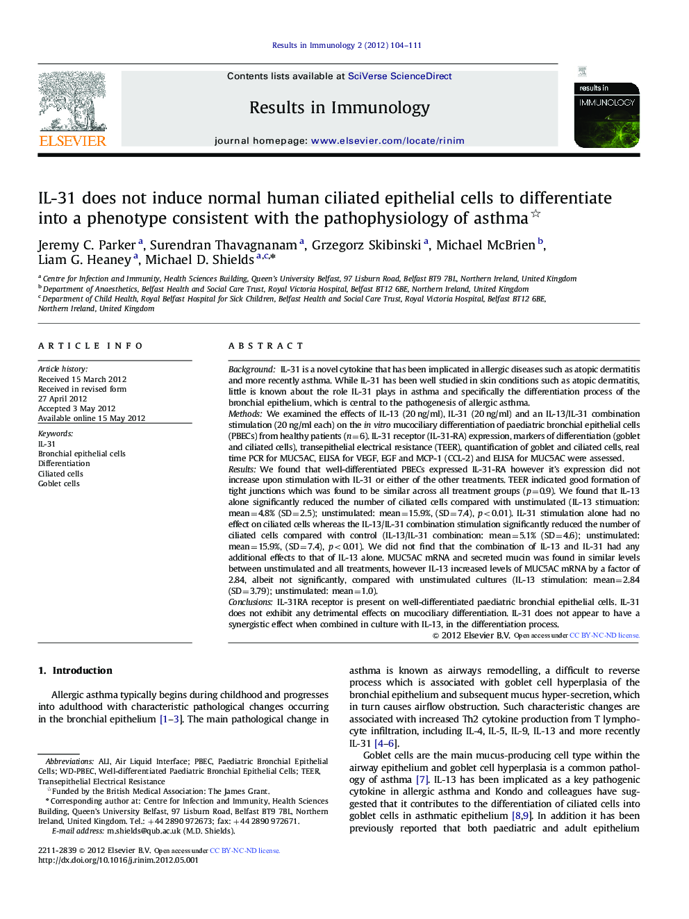 IL-31 does not induce normal human ciliated epithelial cells to differentiate into a phenotype consistent with the pathophysiology of asthma 