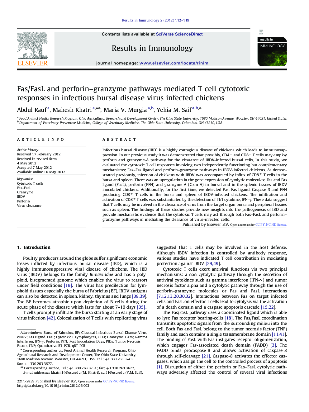 Fas/FasL and perforin–granzyme pathways mediated T cell cytotoxic responses in infectious bursal disease virus infected chickens