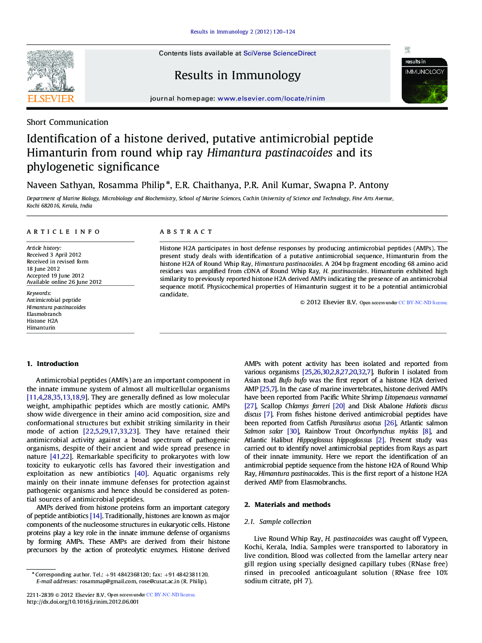 Identification of a histone derived, putative antimicrobial peptide Himanturin from round whip ray Himantura pastinacoides and its phylogenetic significance