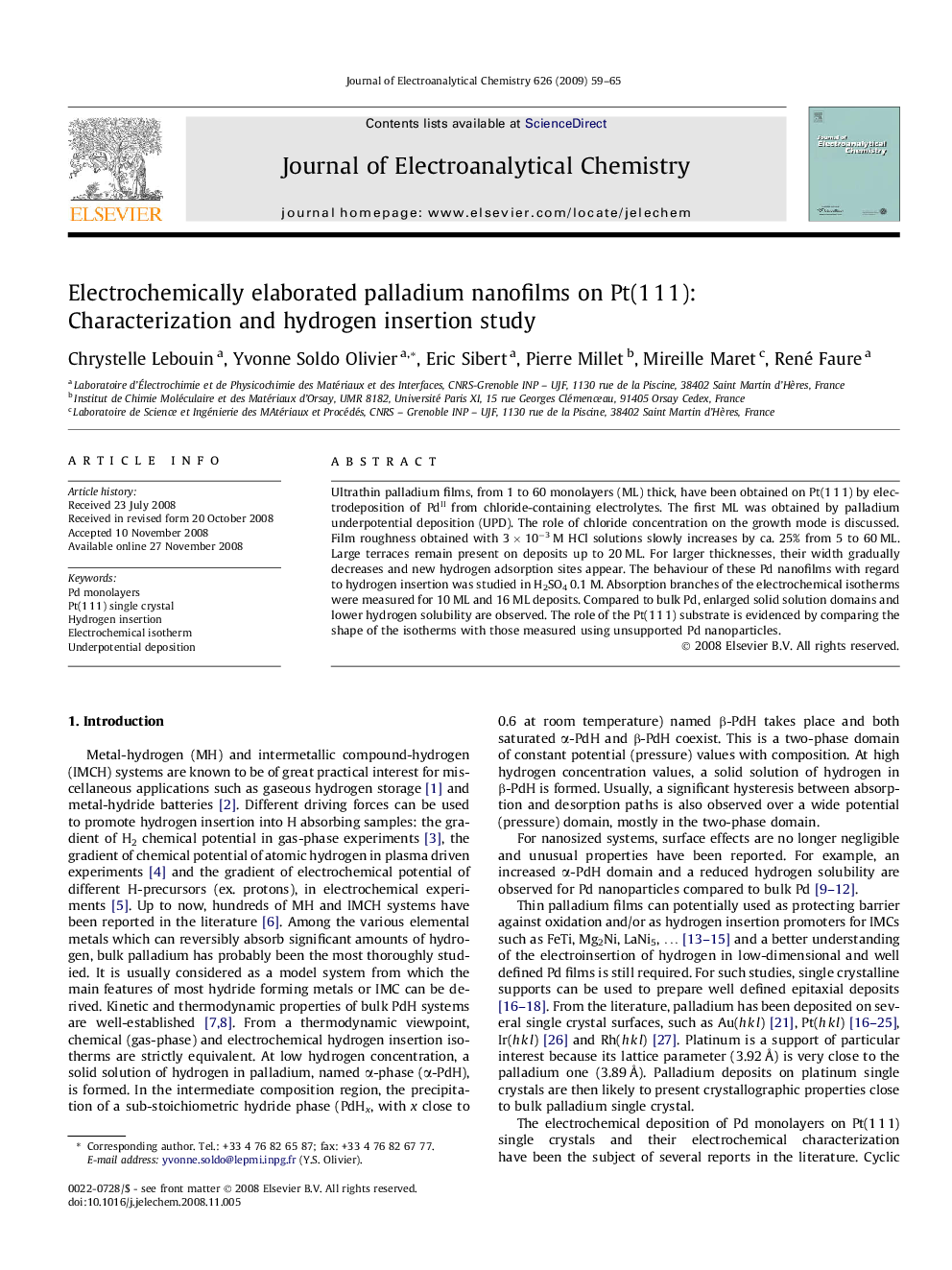 Electrochemically elaborated palladium nanofilms on Pt(1 1 1): Characterization and hydrogen insertion study