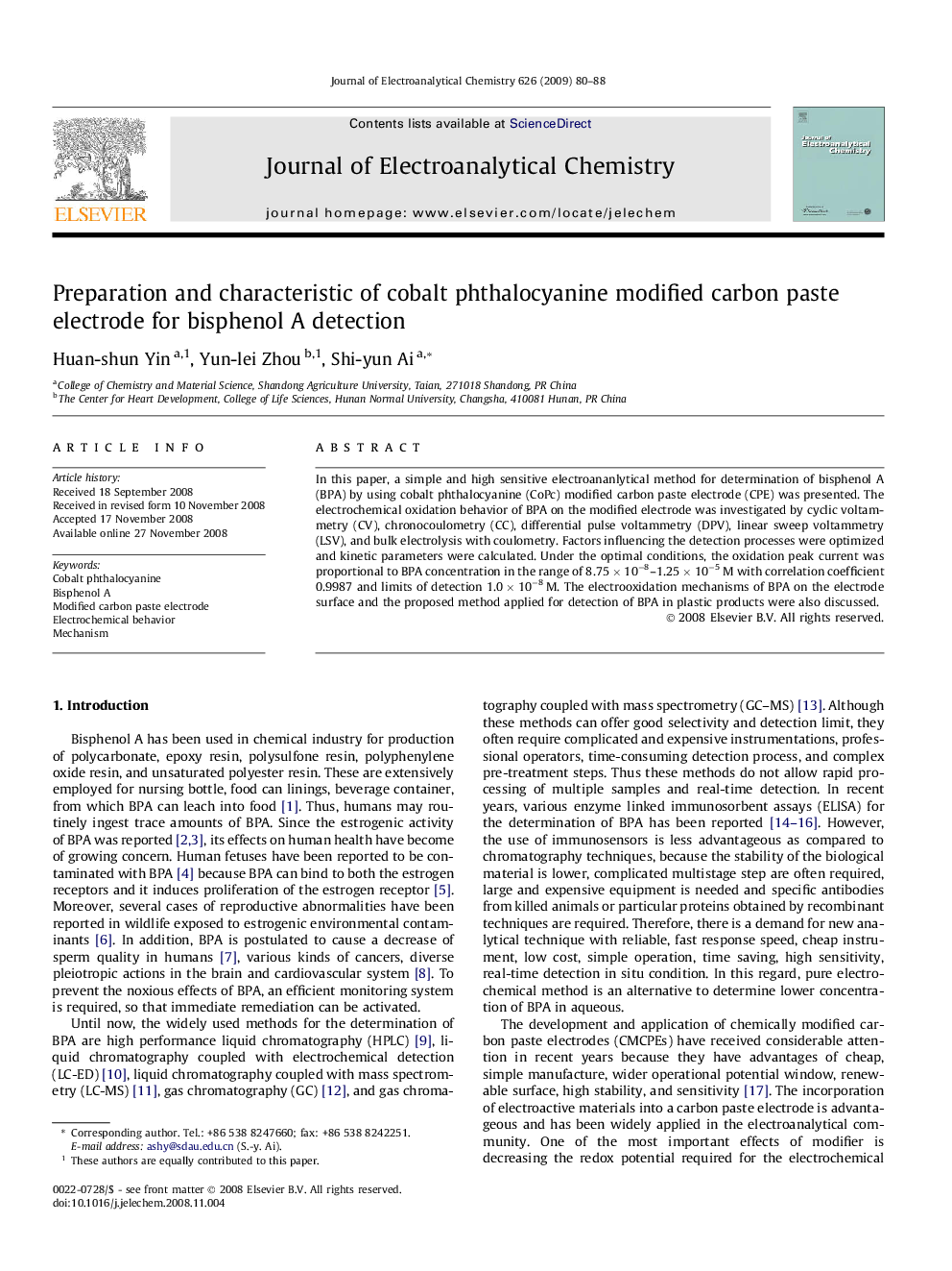 Preparation and characteristic of cobalt phthalocyanine modified carbon paste electrode for bisphenol A detection