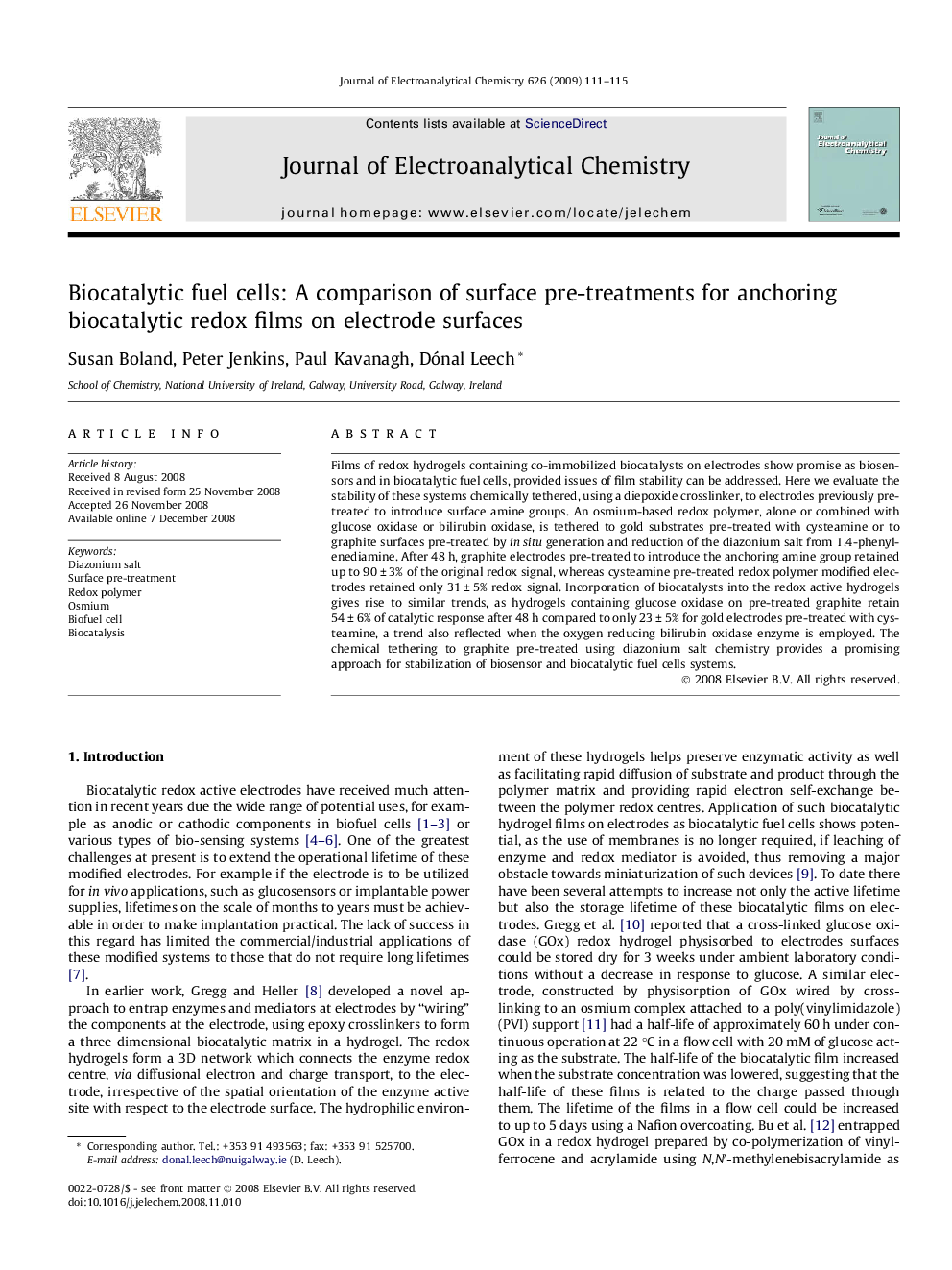 Biocatalytic fuel cells: A comparison of surface pre-treatments for anchoring biocatalytic redox films on electrode surfaces