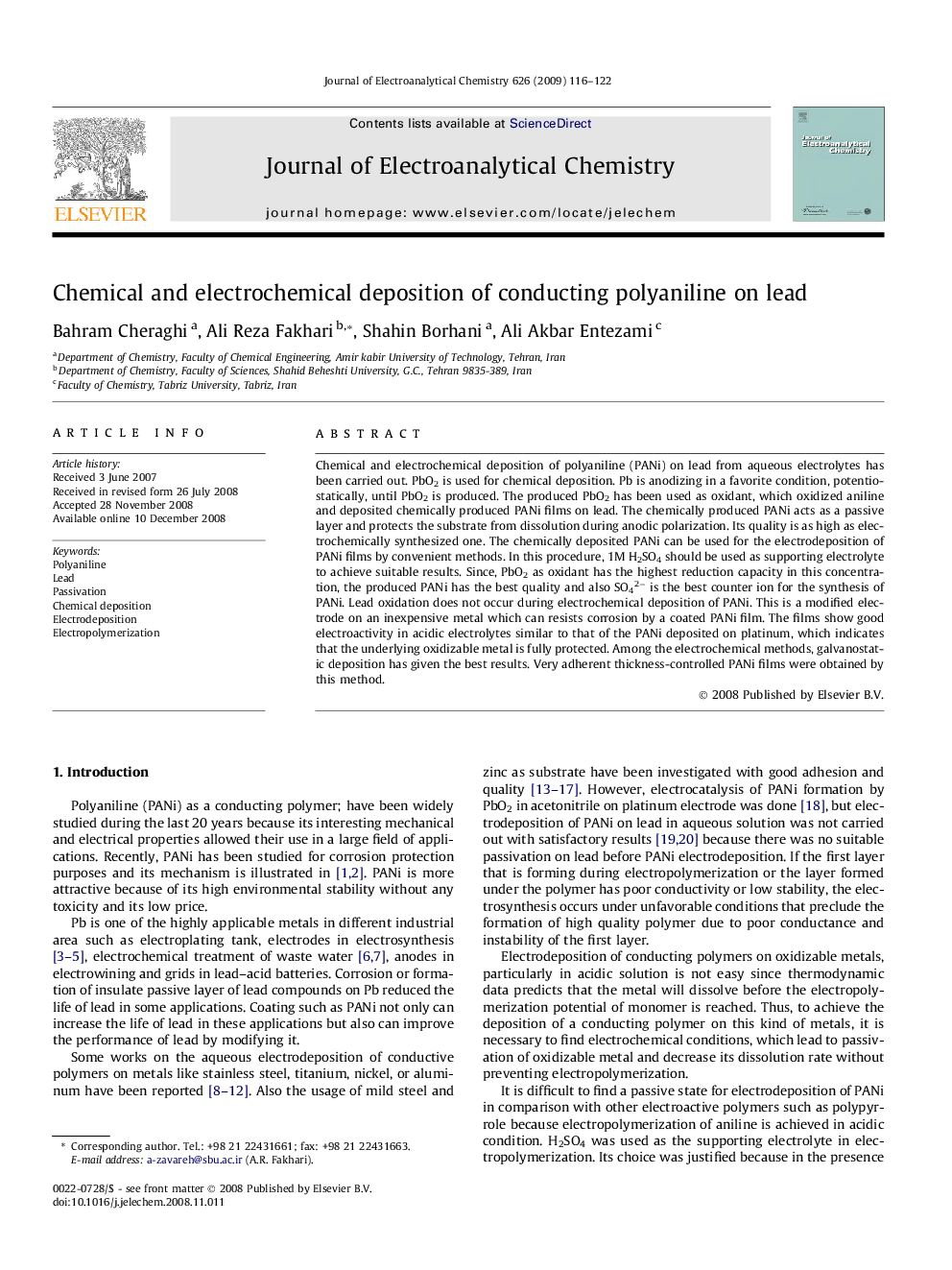 Chemical and electrochemical deposition of conducting polyaniline on lead