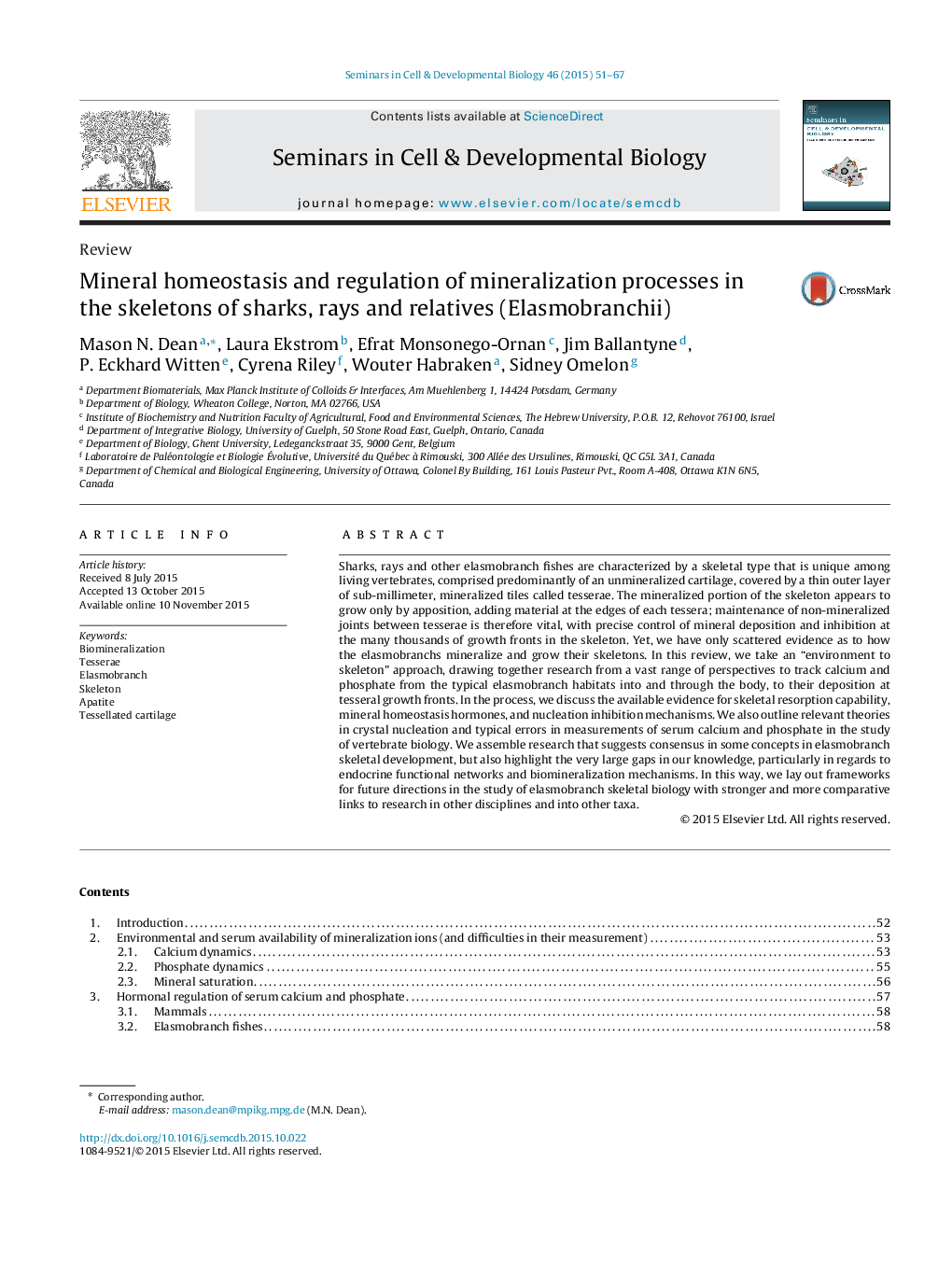 Mineral homeostasis and regulation of mineralization processes in the skeletons of sharks, rays and relatives (Elasmobranchii)