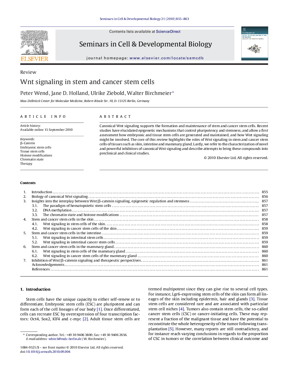 Wnt signaling in stem and cancer stem cells