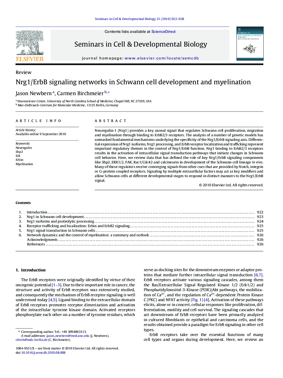 Nrg1/ErbB signaling networks in Schwann cell development and myelination