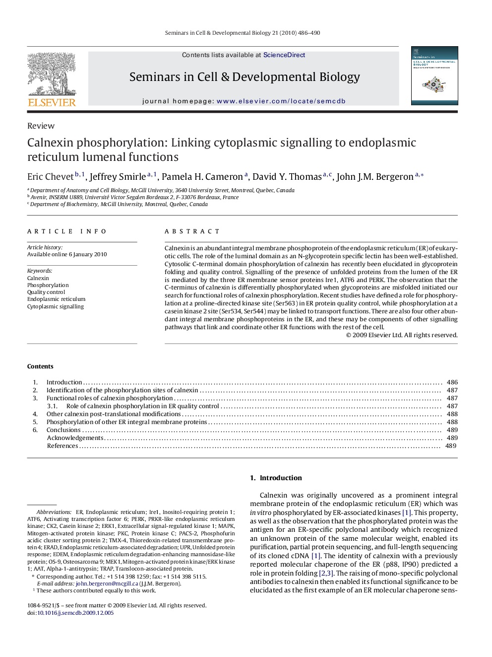 Calnexin phosphorylation: Linking cytoplasmic signalling to endoplasmic reticulum lumenal functions