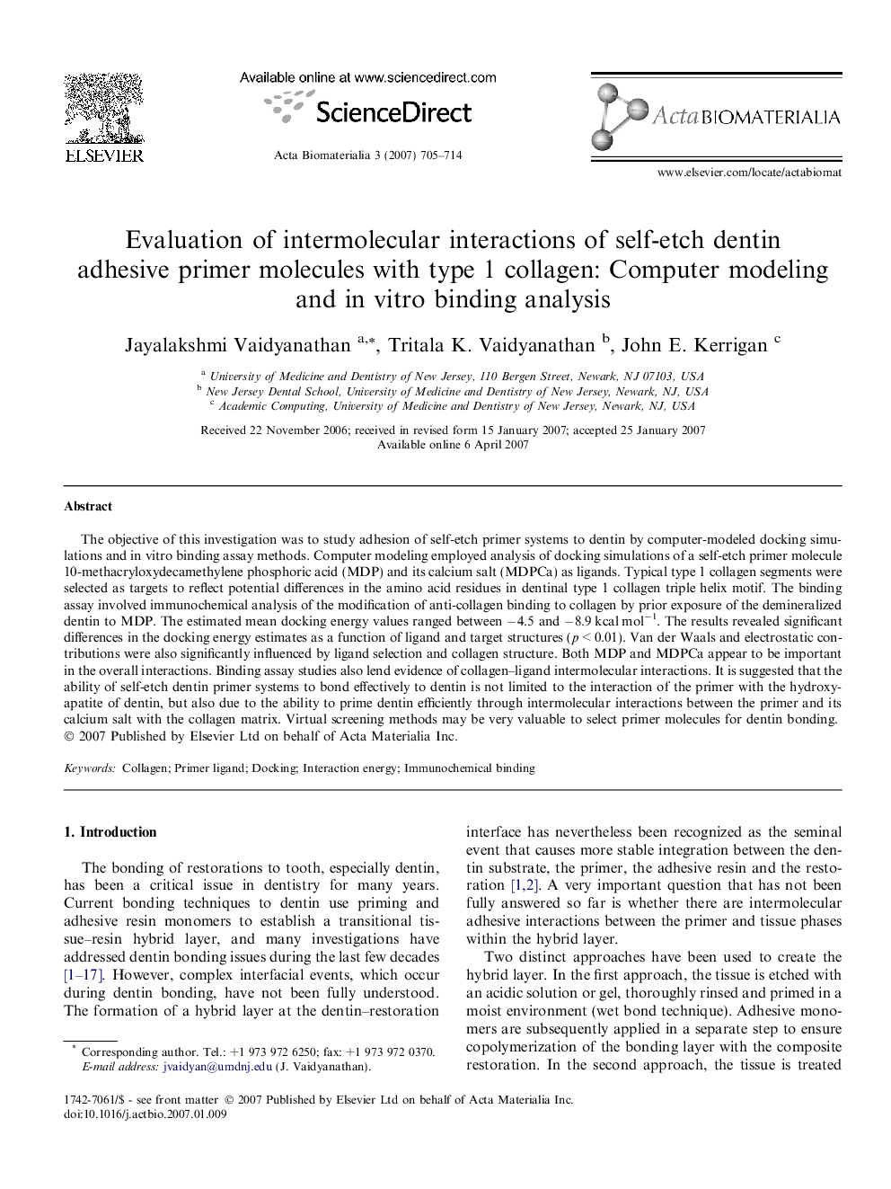 Evaluation of intermolecular interactions of self-etch dentin adhesive primer molecules with type 1 collagen: Computer modeling and in vitro binding analysis