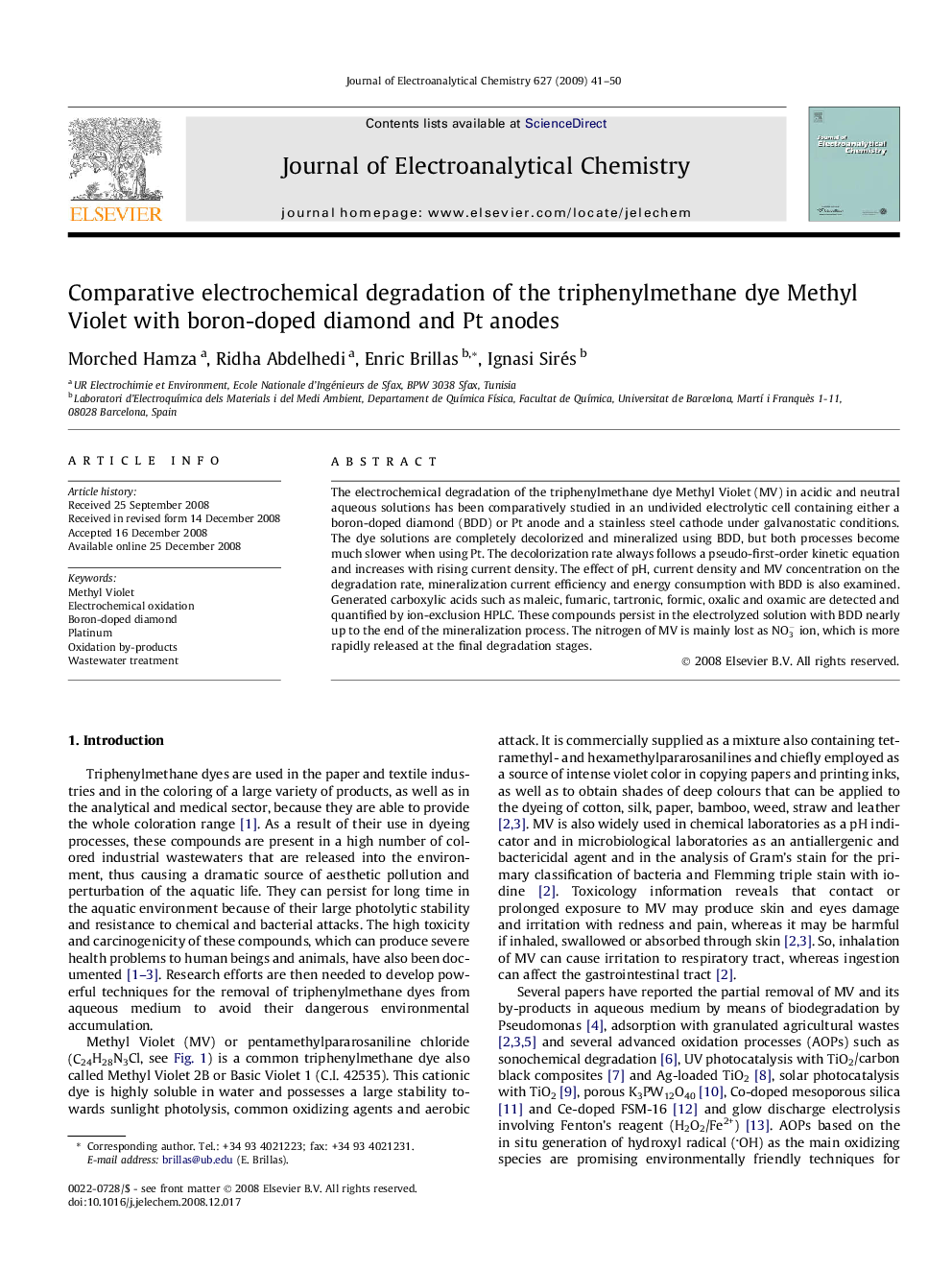 Comparative electrochemical degradation of the triphenylmethane dye Methyl Violet with boron-doped diamond and Pt anodes