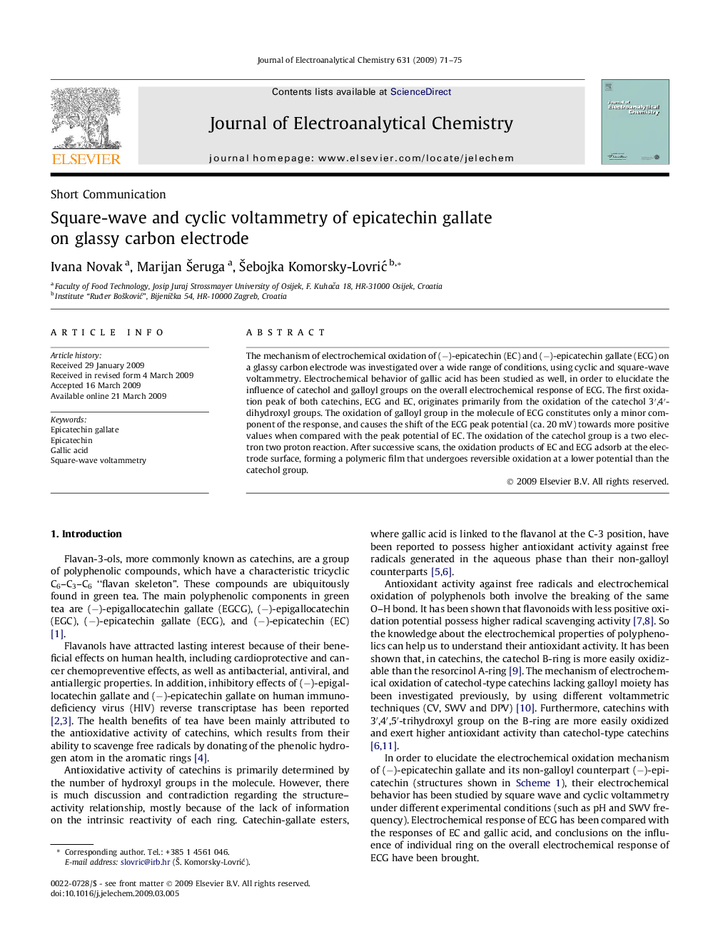 Square-wave and cyclic voltammetry of epicatechin gallate on glassy carbon electrode