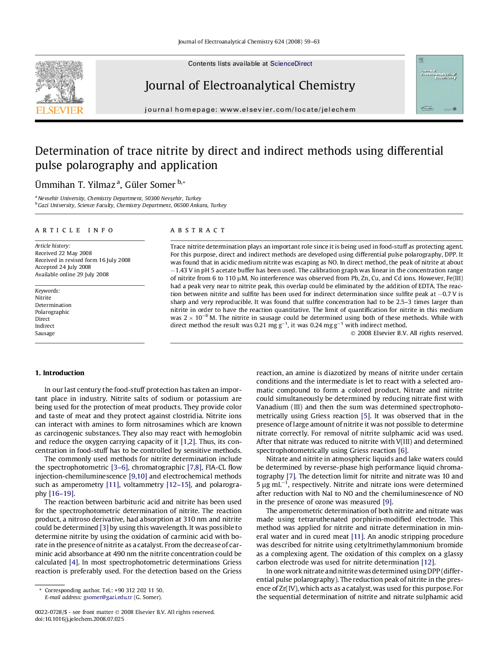 Determination of trace nitrite by direct and indirect methods using differential pulse polarography and application