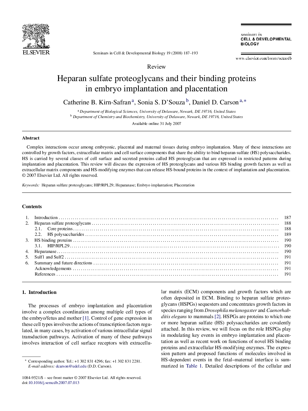 Heparan sulfate proteoglycans and their binding proteins in embryo implantation and placentation