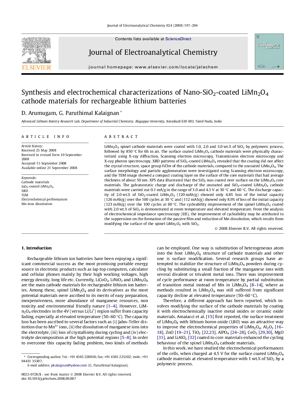 Synthesis and electrochemical characterizations of Nano-SiO2-coated LiMn2O4 cathode materials for rechargeable lithium batteries