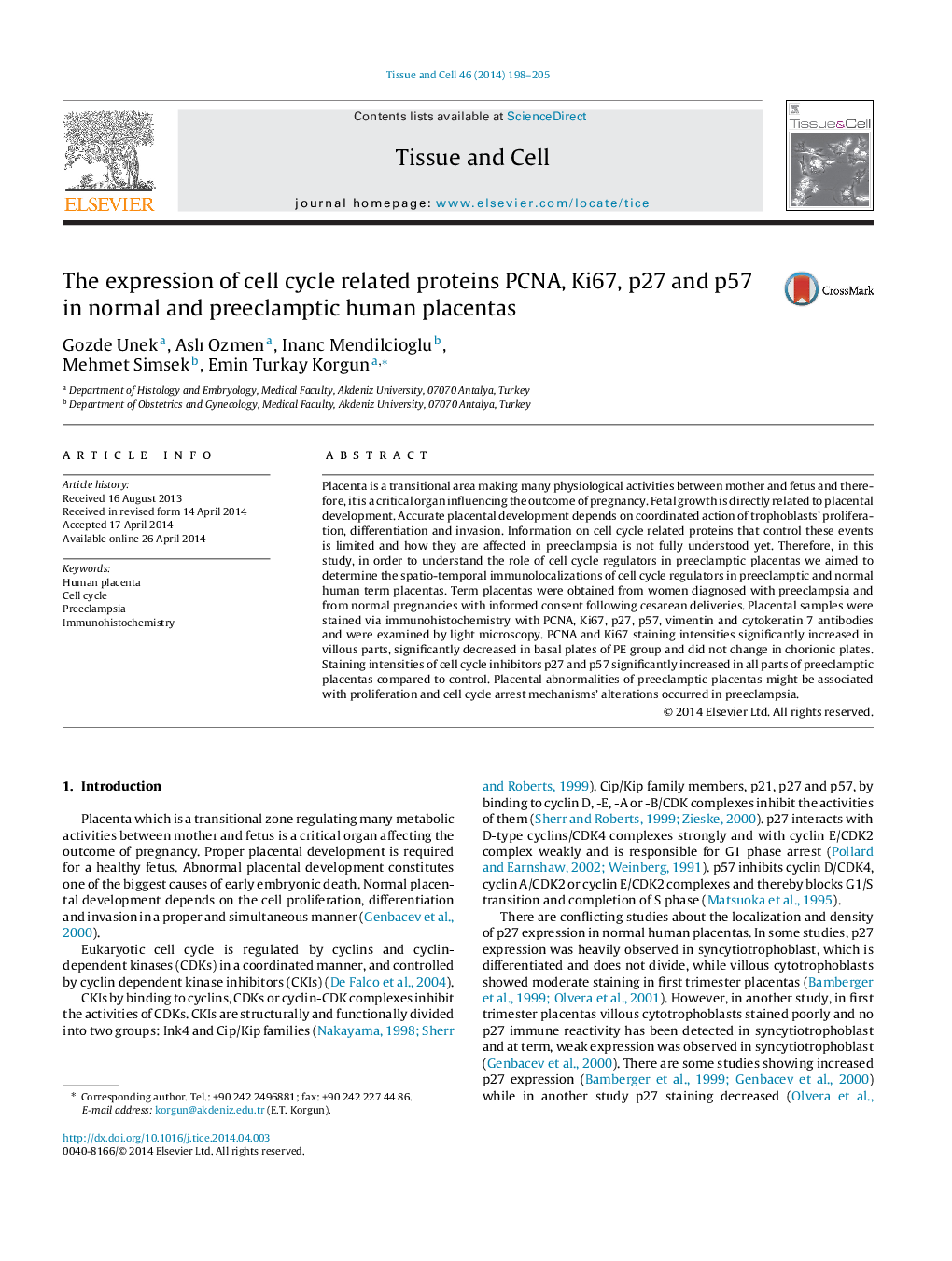 The expression of cell cycle related proteins PCNA, Ki67, p27 and p57 in normal and preeclamptic human placentas