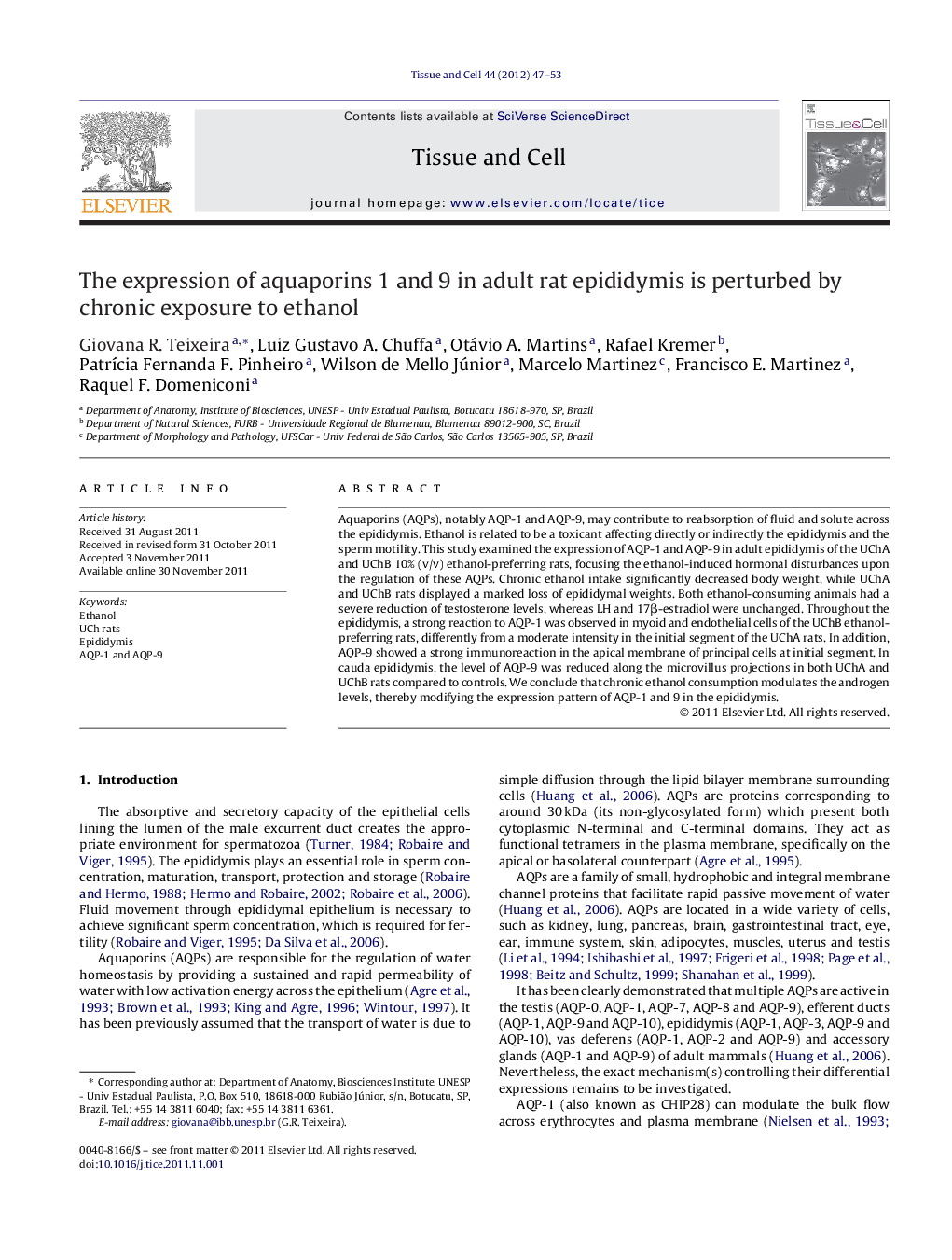 The expression of aquaporins 1 and 9 in adult rat epididymis is perturbed by chronic exposure to ethanol