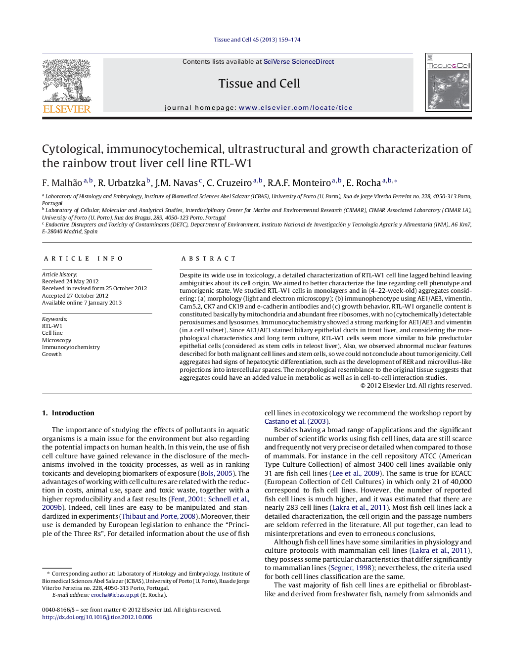 Cytological, immunocytochemical, ultrastructural and growth characterization of the rainbow trout liver cell line RTL-W1