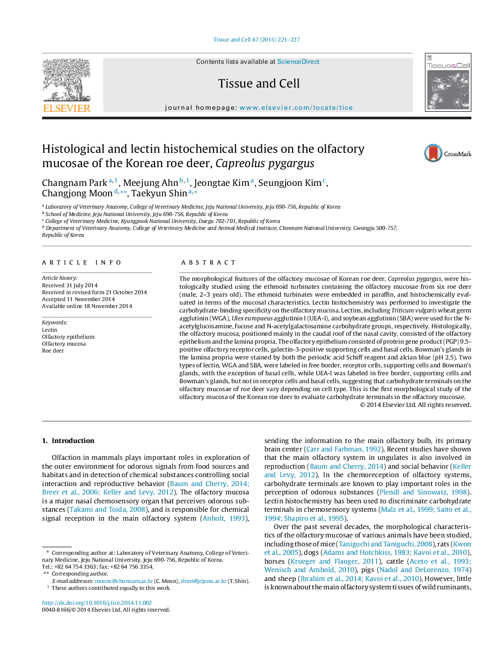 Histological and lectin histochemical studies on the olfactory mucosae of the Korean roe deer, Capreolus pygargus