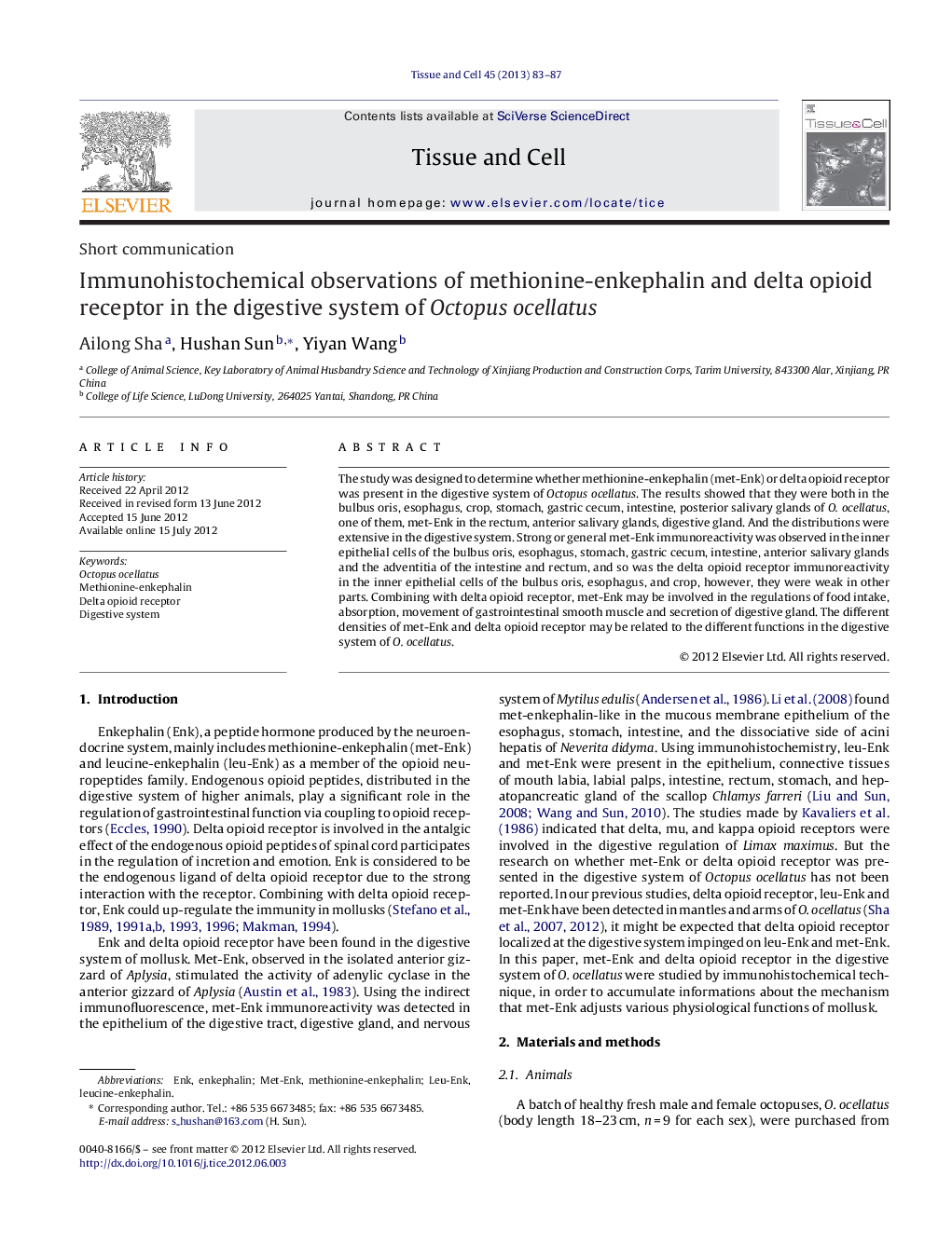 Immunohistochemical observations of methionine-enkephalin and delta opioid receptor in the digestive system of Octopus ocellatus