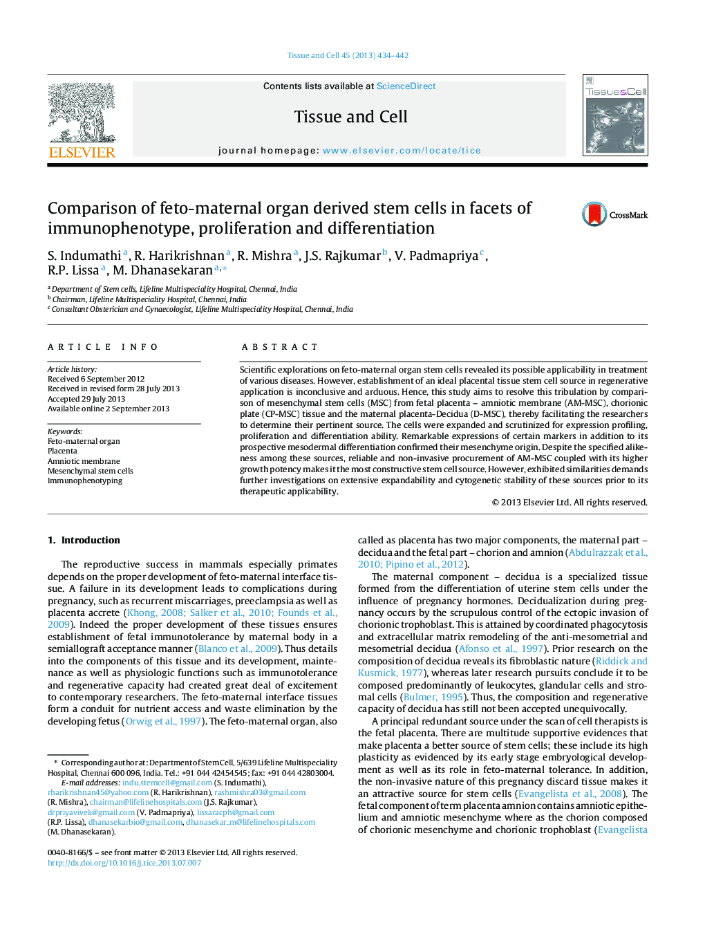 Comparison of feto-maternal organ derived stem cells in facets of immunophenotype, proliferation and differentiation