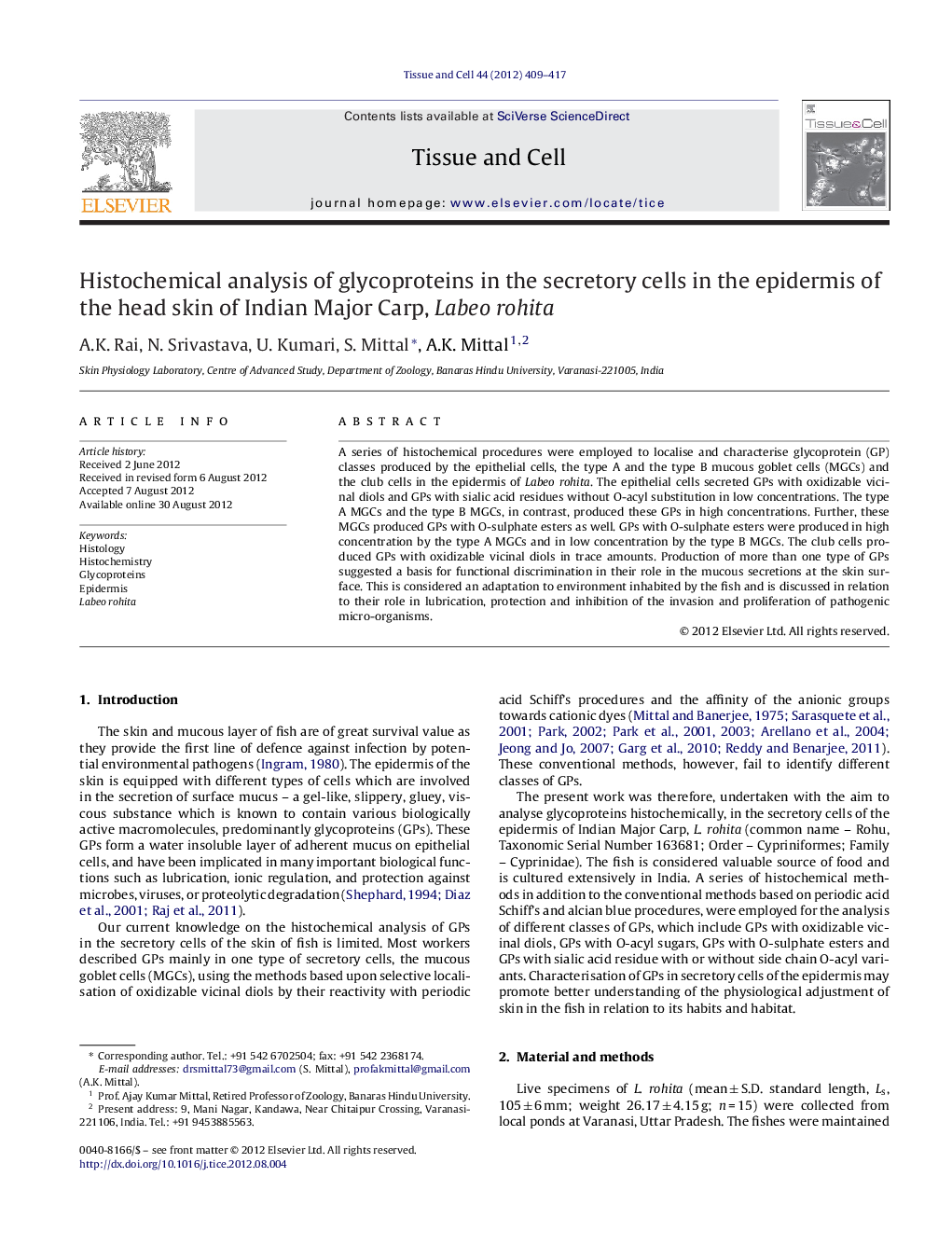 Histochemical analysis of glycoproteins in the secretory cells in the epidermis of the head skin of Indian Major Carp, Labeo rohita