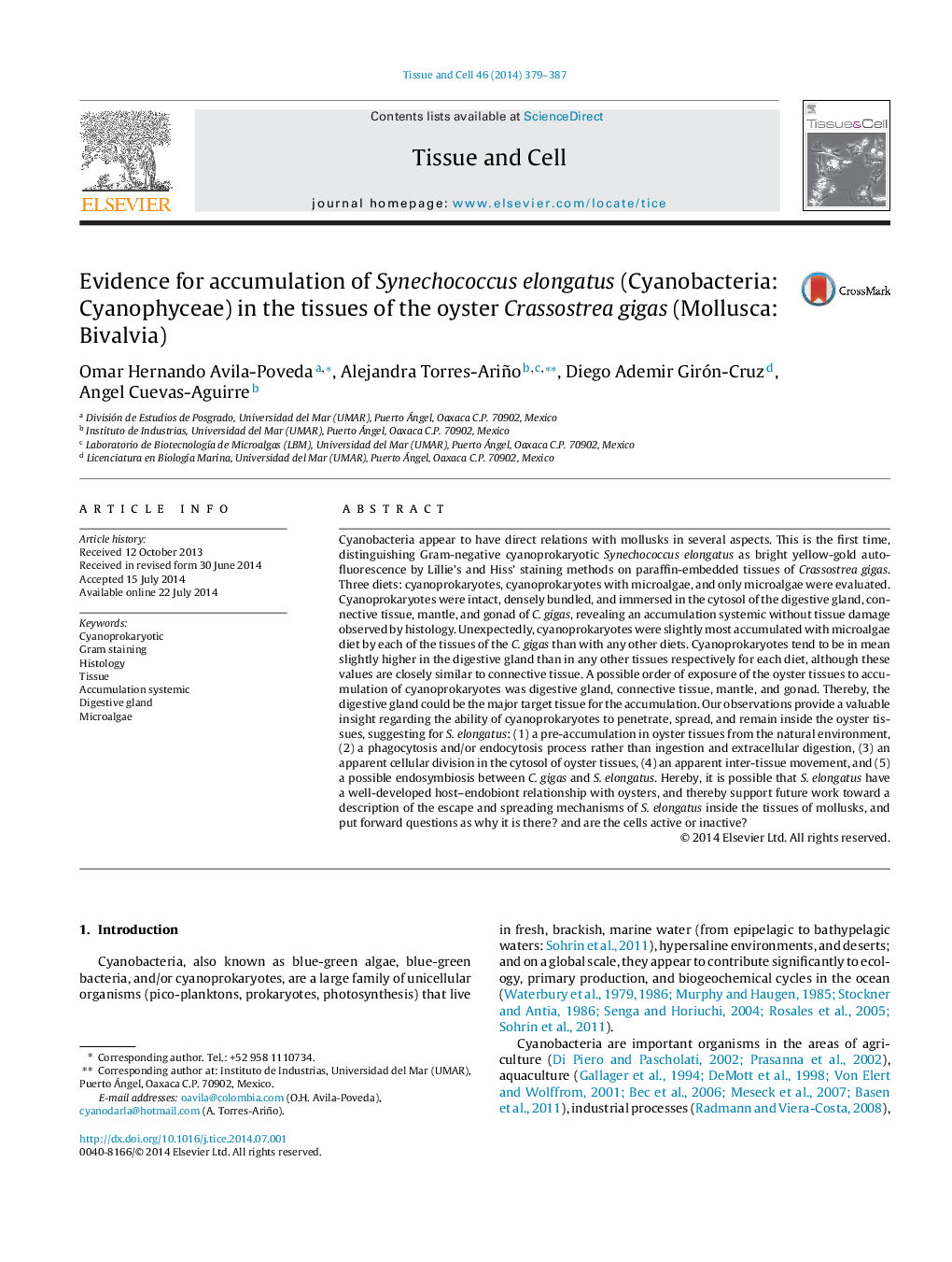 عکس صفحه اول مقاله: Evidence for accumulation of Synechococcus elongatus (Cyanobacteria: Cyanophyceae) in the tissues of the oyster Crassostrea gigas (Mollusca: Bivalvia) Evidence for accumulation of Synechococcus elongatus (Cyanobacteria: Cyanophyceae) in the tissues of the oyster Crassostrea gigas (Mollusca: Bivalvia)