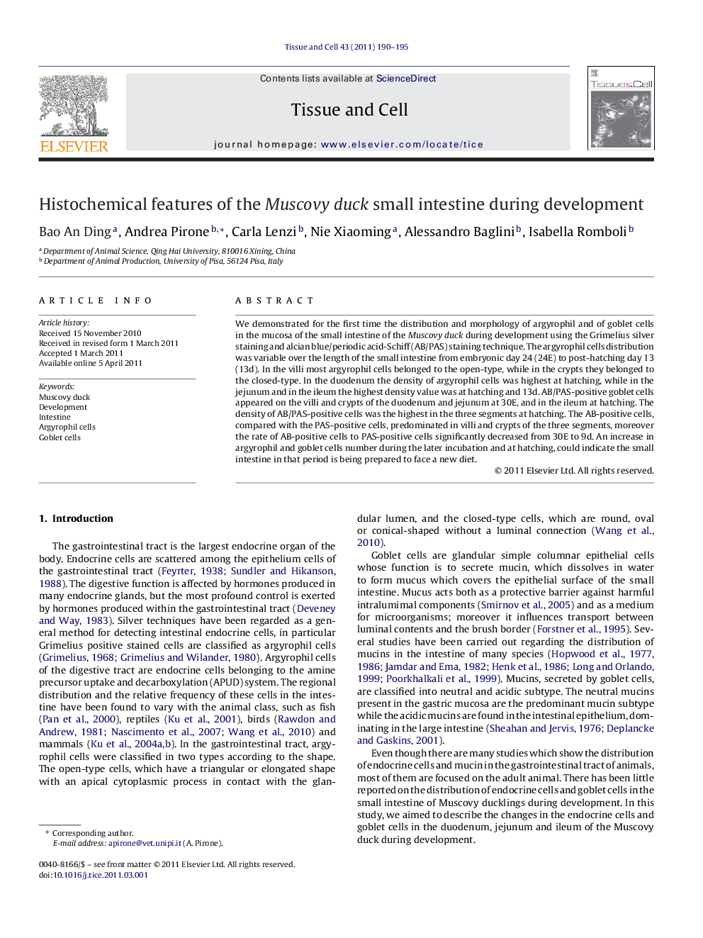 Histochemical features of the Muscovy duck small intestine during development