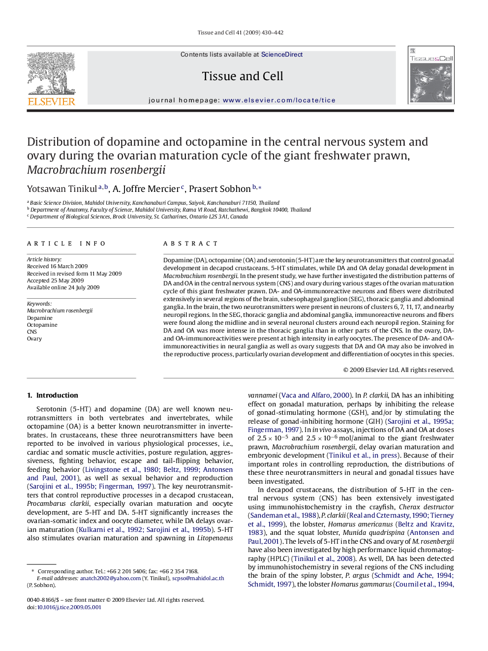 Distribution of dopamine and octopamine in the central nervous system and ovary during the ovarian maturation cycle of the giant freshwater prawn, Macrobrachium rosenbergii