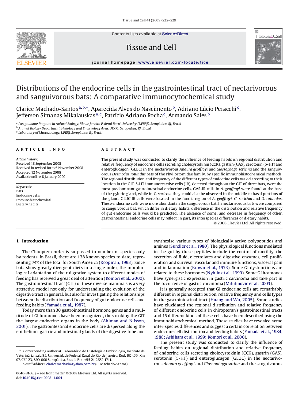 Distributions of the endocrine cells in the gastrointestinal tract of nectarivorous and sanguivorous bats: A comparative immunocytochemical study