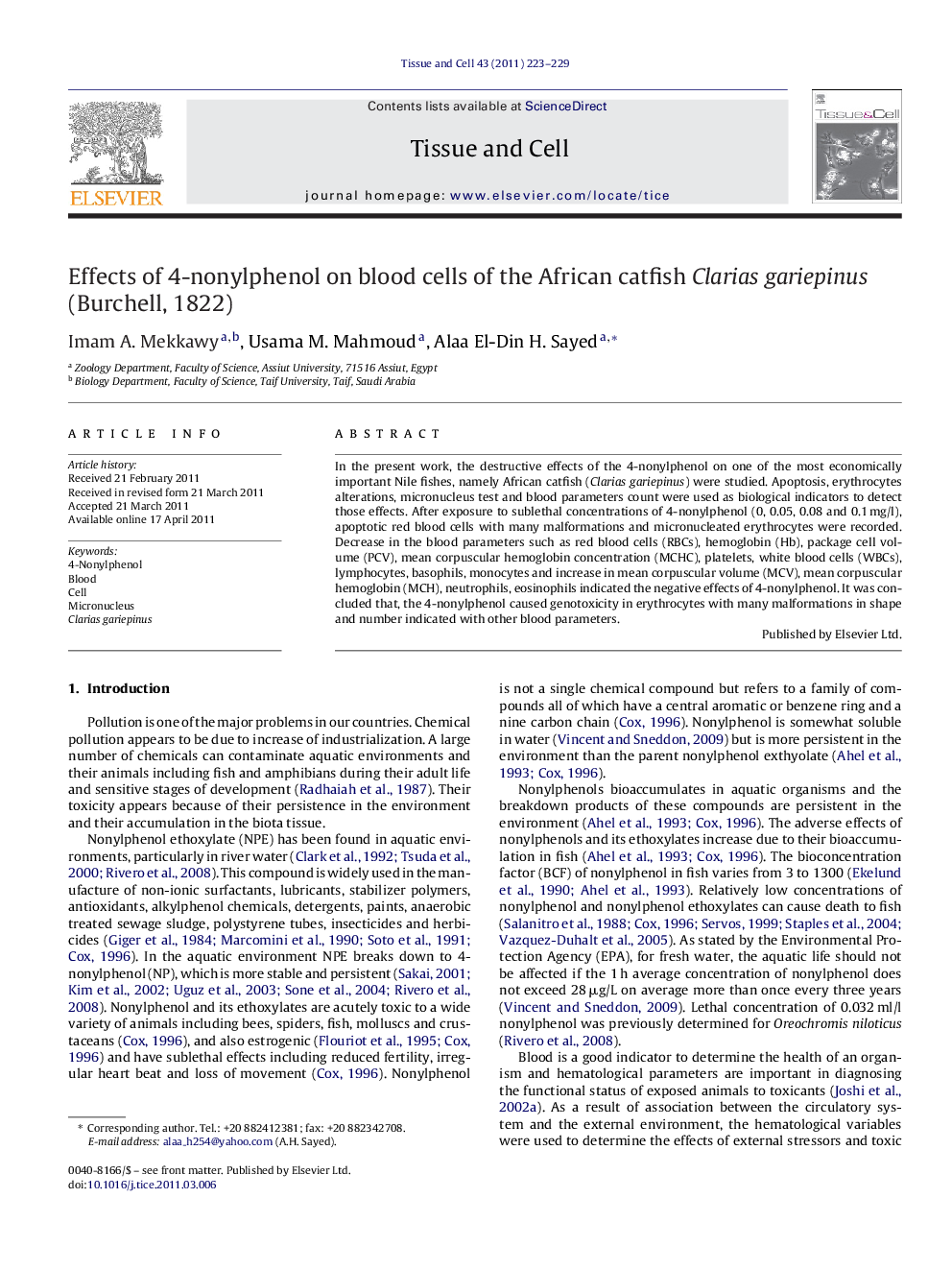 عکس صفحه اول مقاله: Effects of 4-nonylphenol on blood cells of the African catfish Clarias gariepinus (Burchell, 1822) Effects of 4-nonylphenol on blood cells of the African catfish Clarias gariepinus (Burchell, 1822)