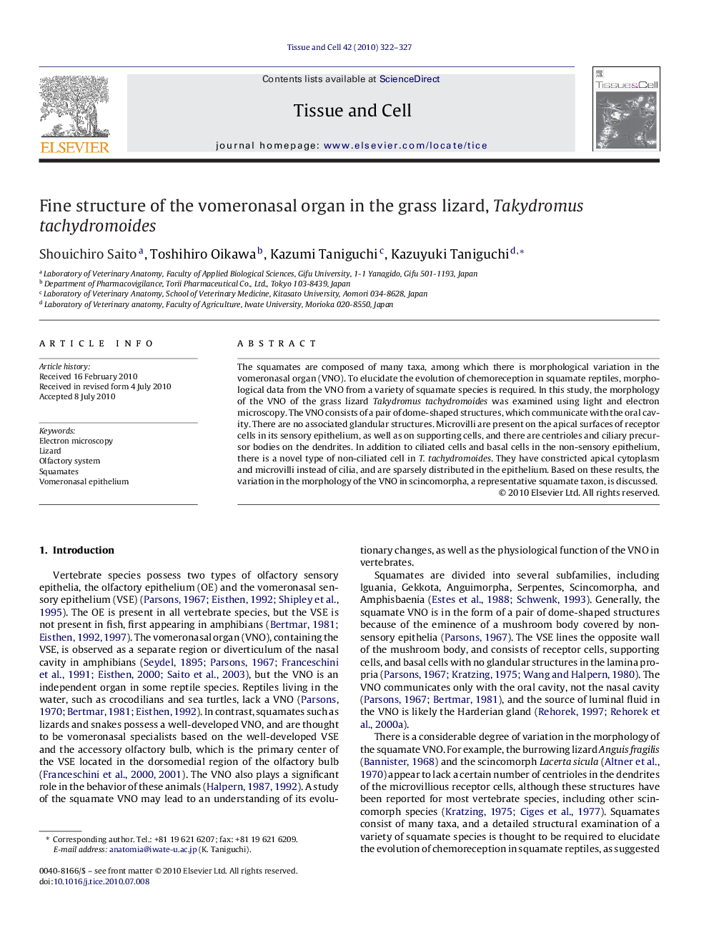 Fine structure of the vomeronasal organ in the grass lizard, Takydromus tachydromoides