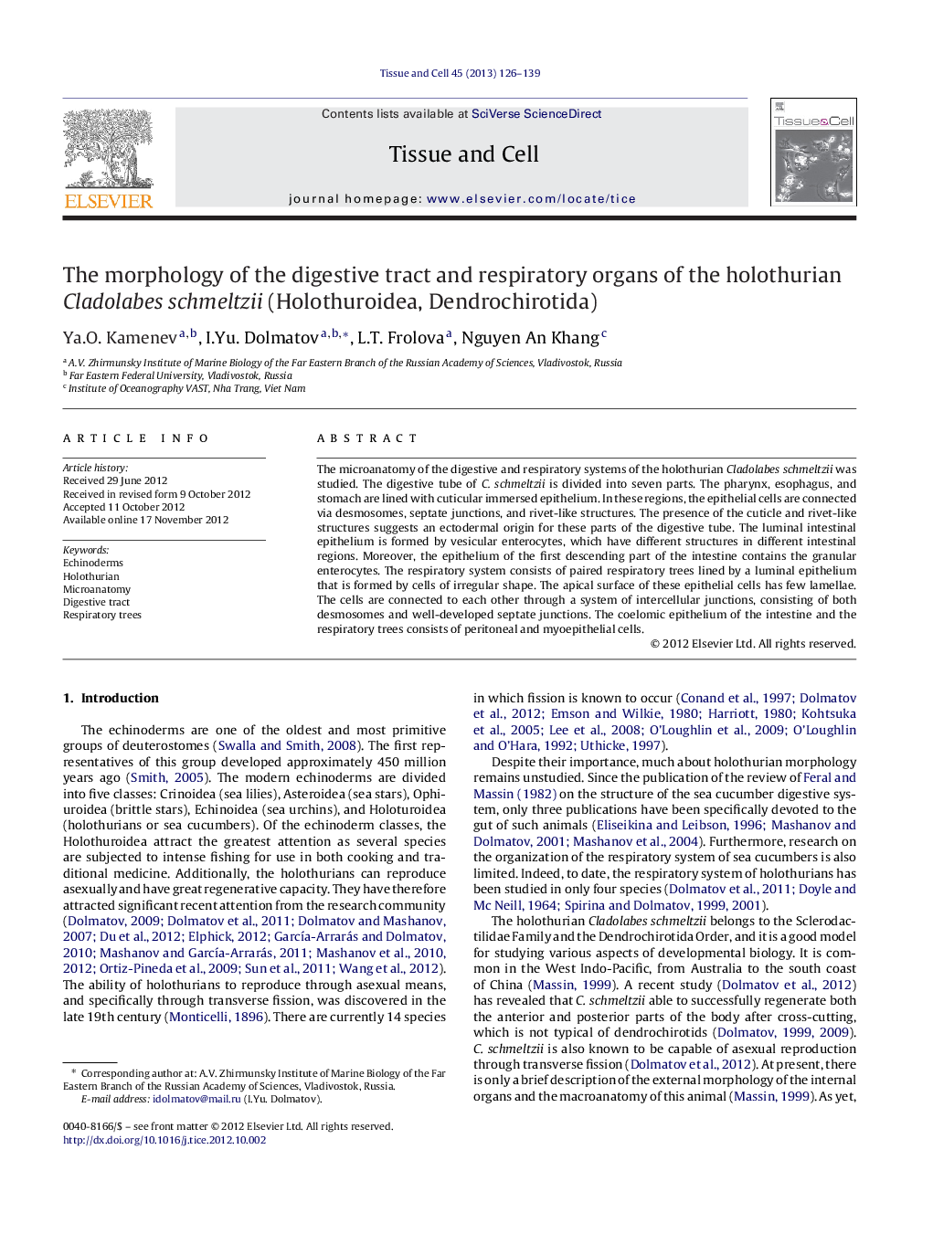 The morphology of the digestive tract and respiratory organs of the holothurian Cladolabes schmeltzii (Holothuroidea, Dendrochirotida)