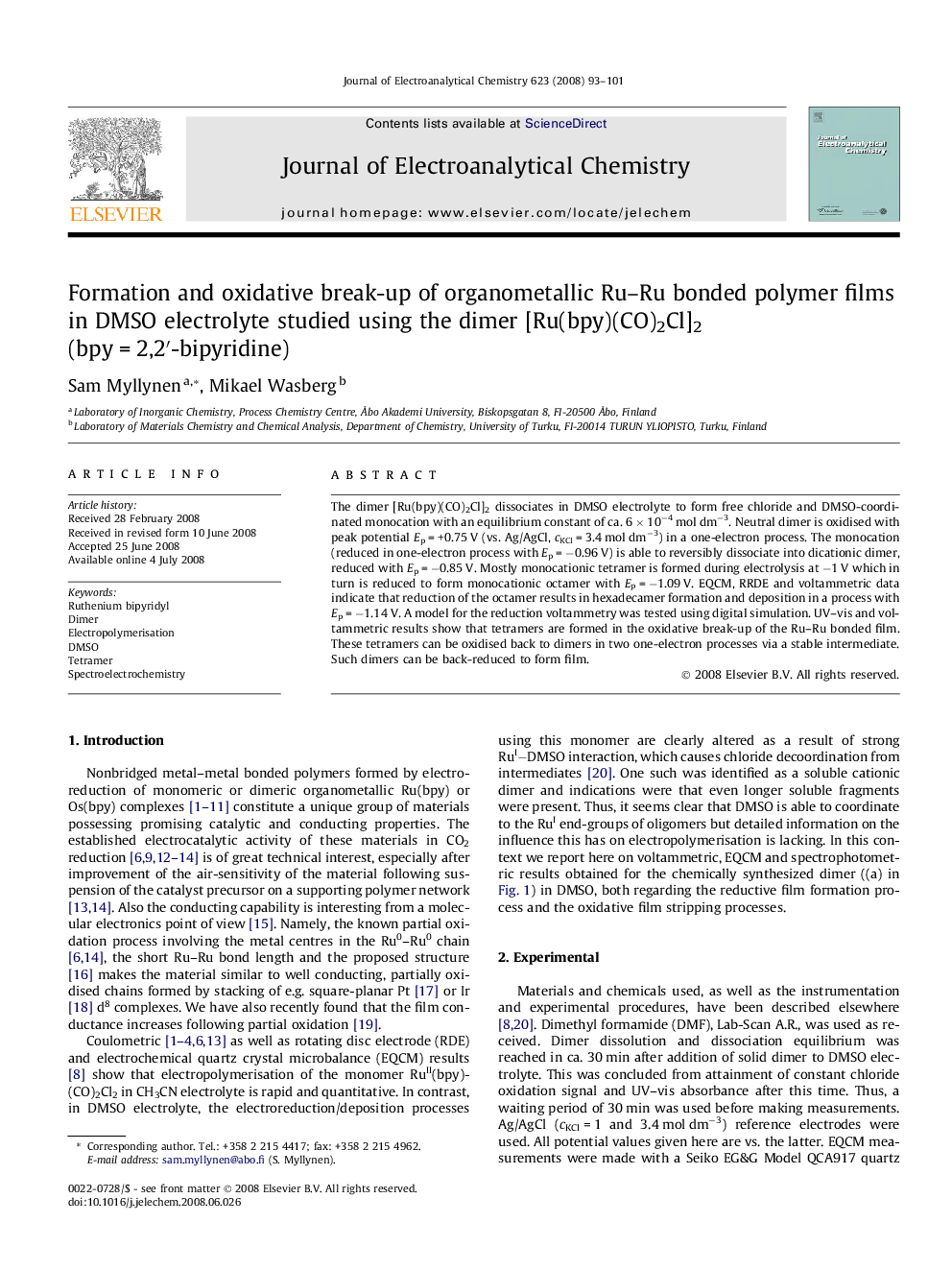 Formation and oxidative break-up of organometallic Ru–Ru bonded polymer films in DMSO electrolyte studied using the dimer [Ru(bpy)(CO)2Cl]2 (bpy = 2,2′-bipyridine)