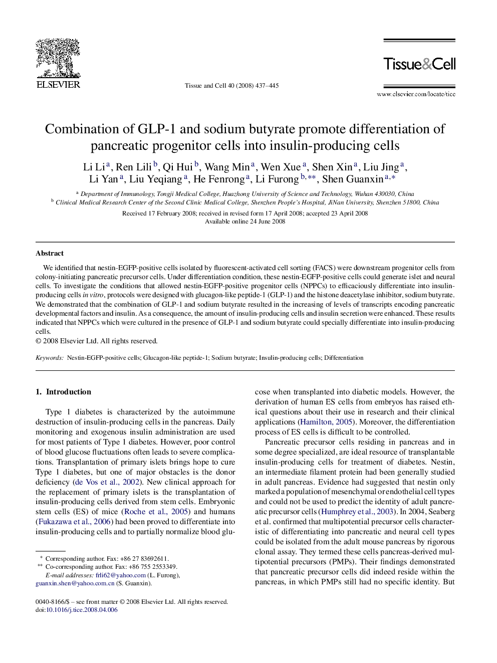 Combination of GLP-1 and sodium butyrate promote differentiation of pancreatic progenitor cells into insulin-producing cells