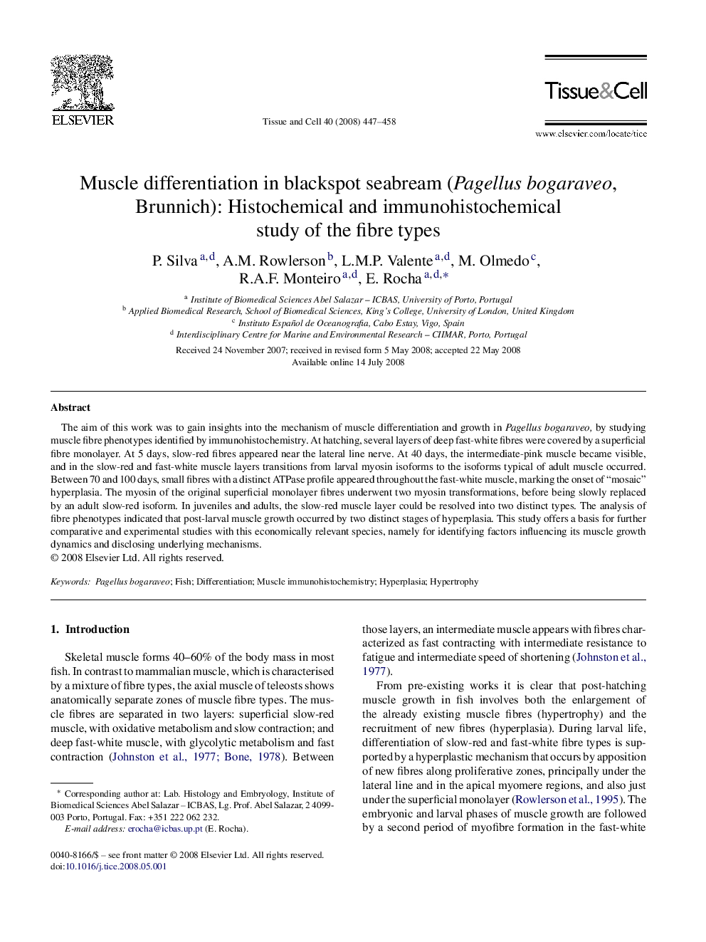 Muscle differentiation in blackspot seabream (Pagellus bogaraveo, Brunnich): Histochemical and immunohistochemical study of the fibre types