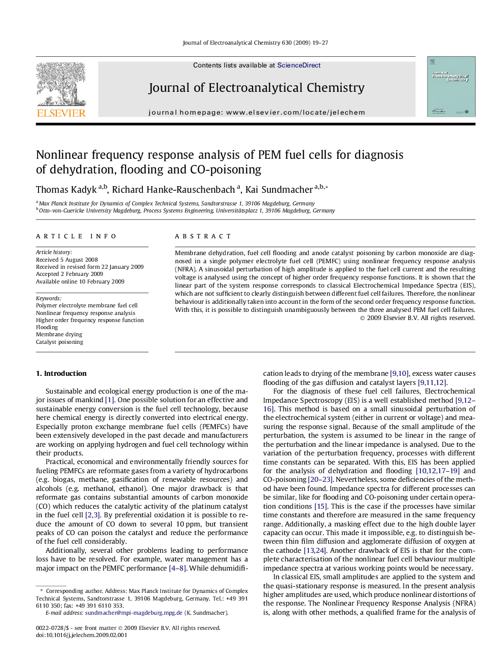 Nonlinear frequency response analysis of PEM fuel cells for diagnosis of dehydration, flooding and CO-poisoning