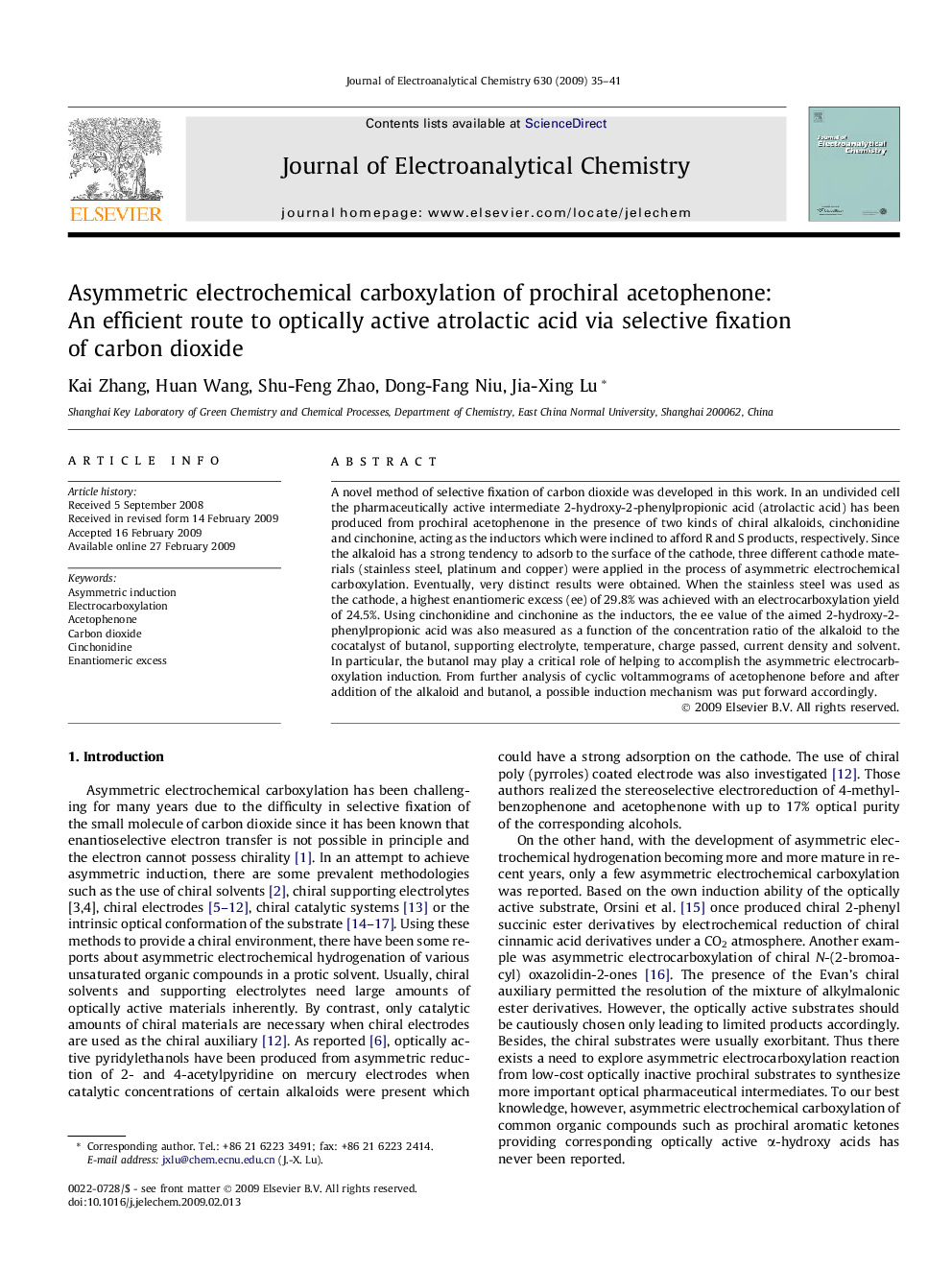 Asymmetric electrochemical carboxylation of prochiral acetophenone: An efficient route to optically active atrolactic acid via selective fixation of carbon dioxide