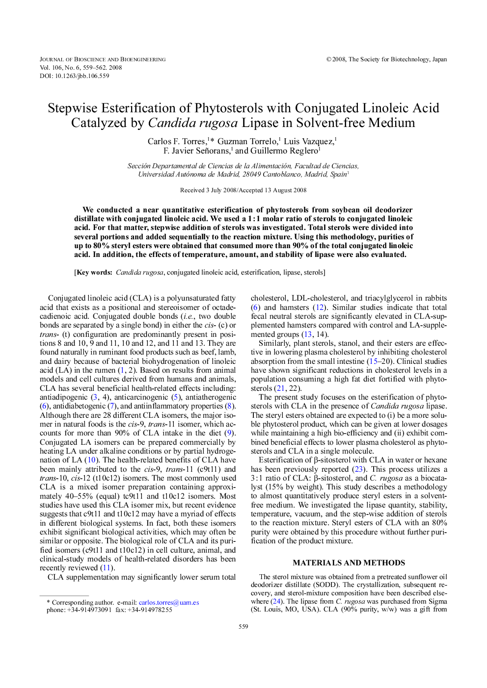 Stepwise Esterification of Phytosterols with Conjugated Linoleic Acid Catalyzed by Candida rugosa Lipase in Solvent-free Medium