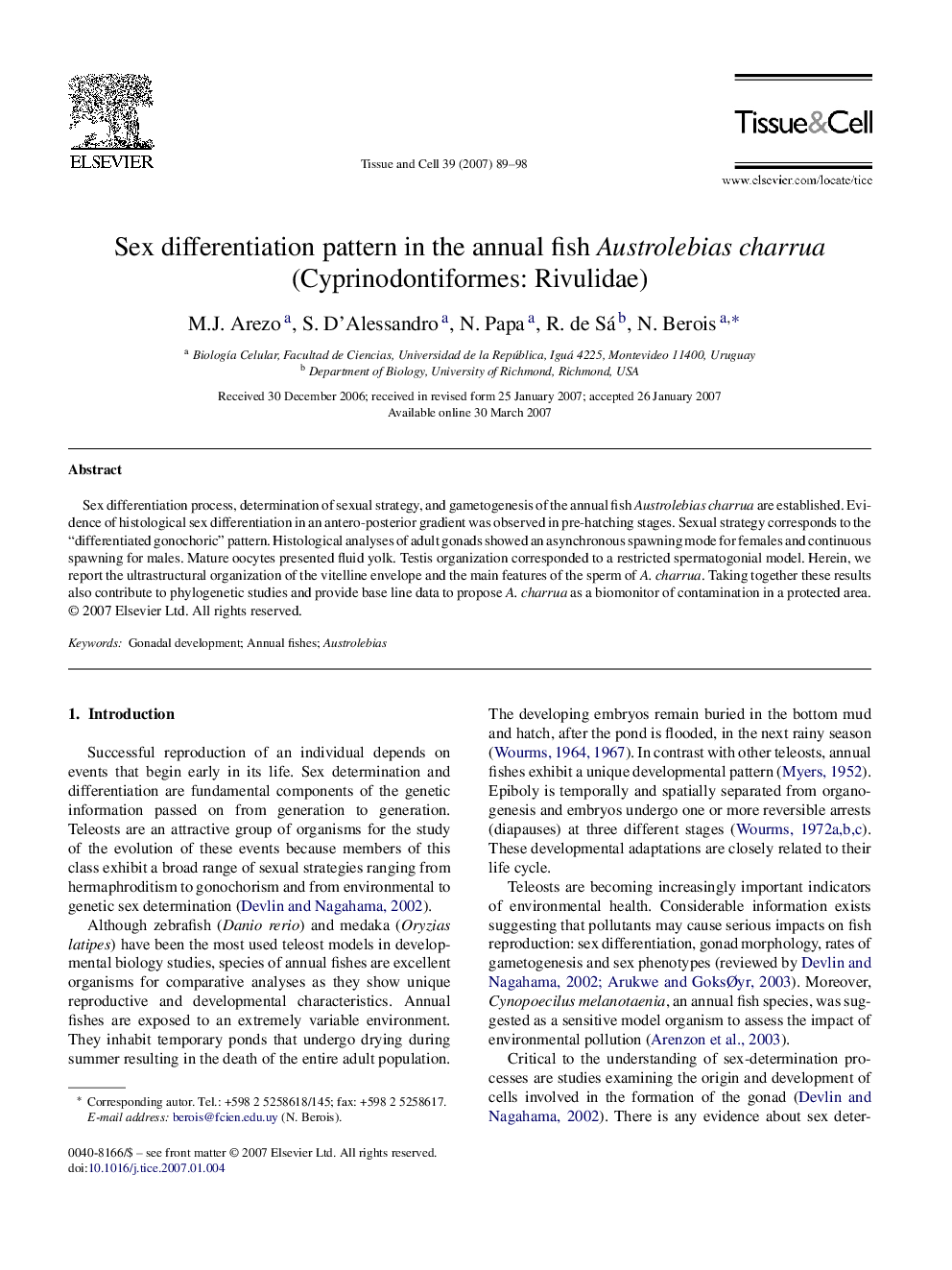 Sex differentiation pattern in the annual fish Austrolebias charrua (Cyprinodontiformes: Rivulidae)