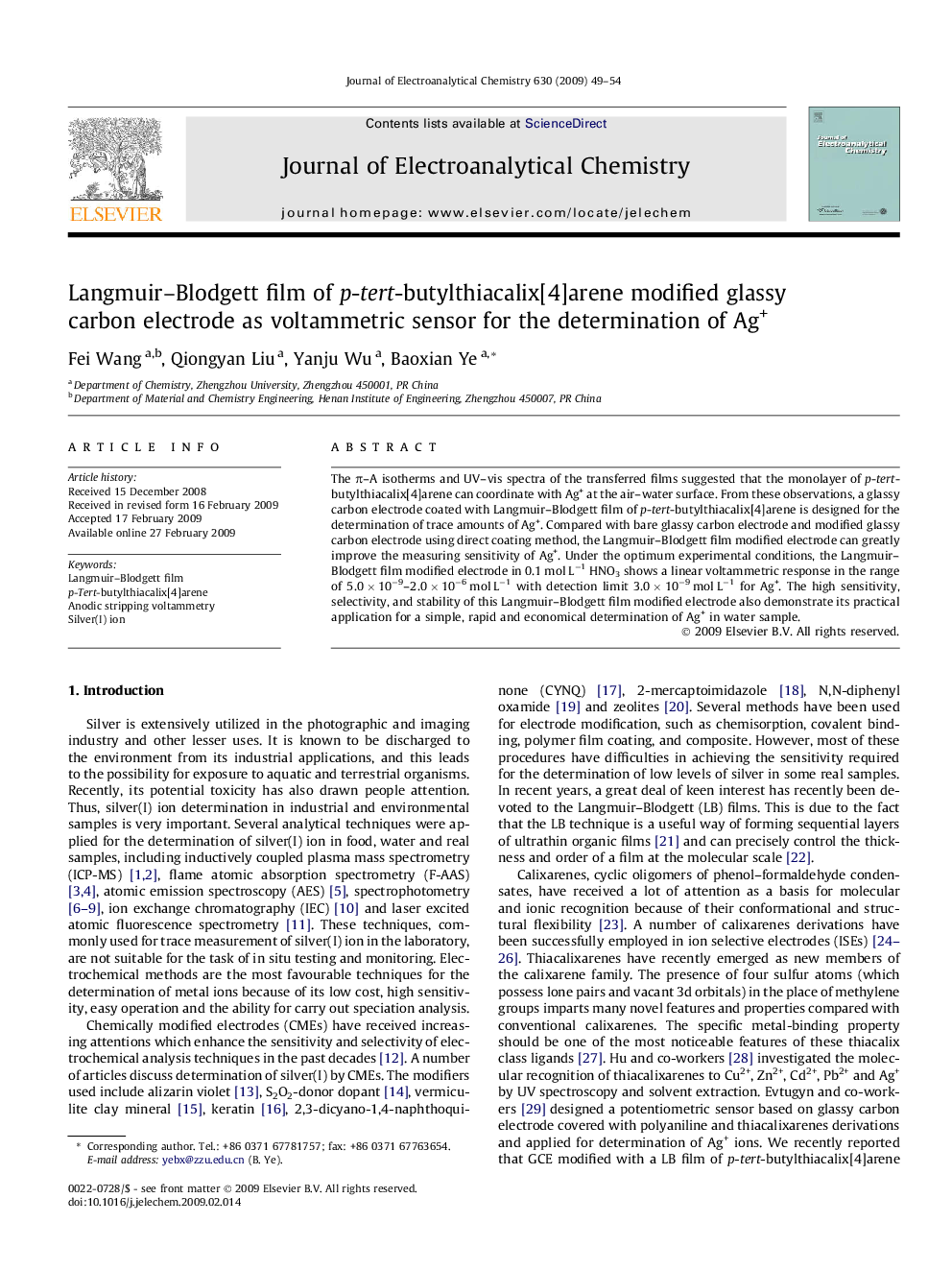 Langmuir–Blodgett film of p-tert-butylthiacalix[4]arene modified glassy carbon electrode as voltammetric sensor for the determination of Ag+