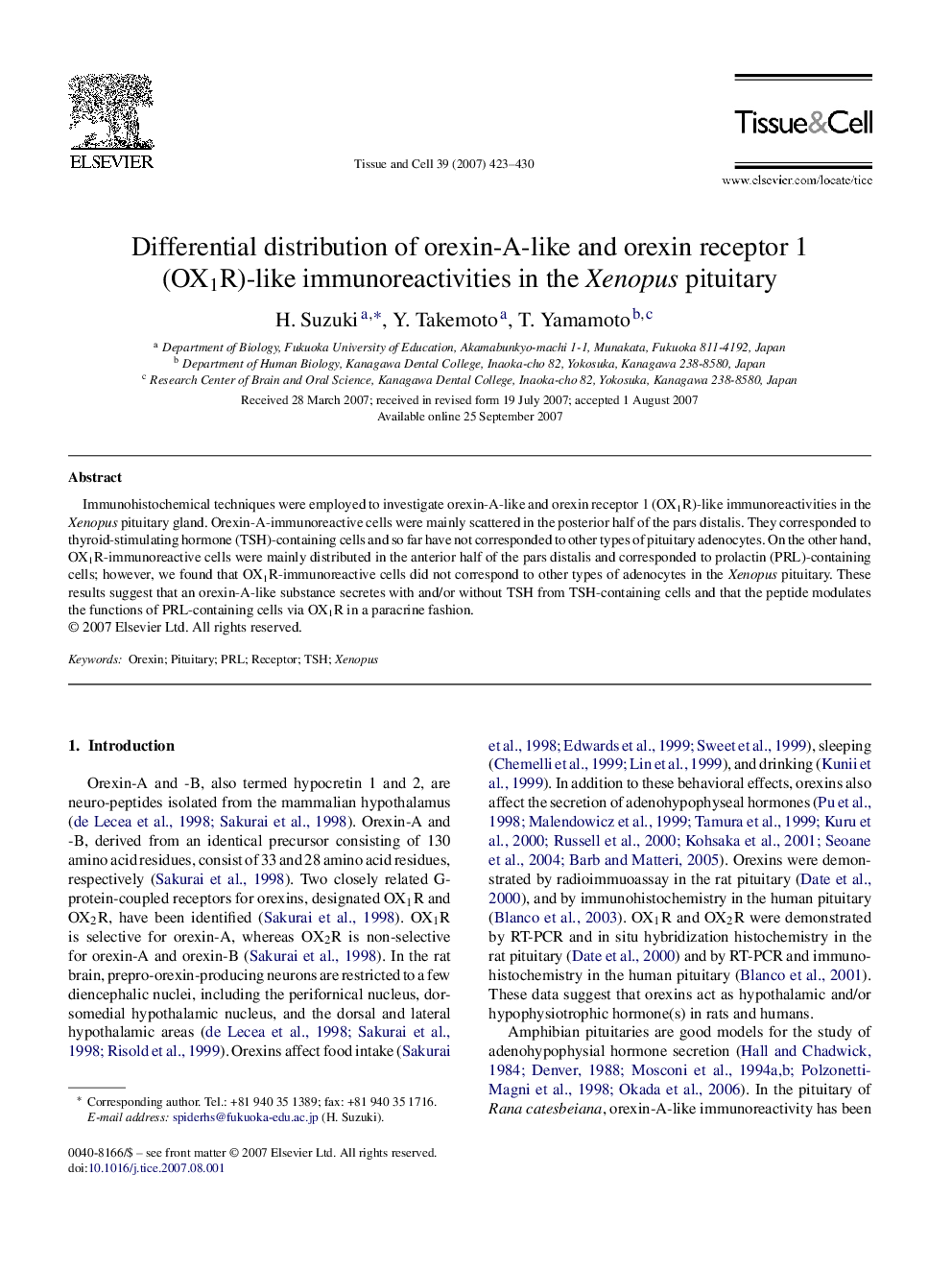 Differential distribution of orexin-A-like and orexin receptor 1 (OX1R)-like immunoreactivities in the Xenopus pituitary