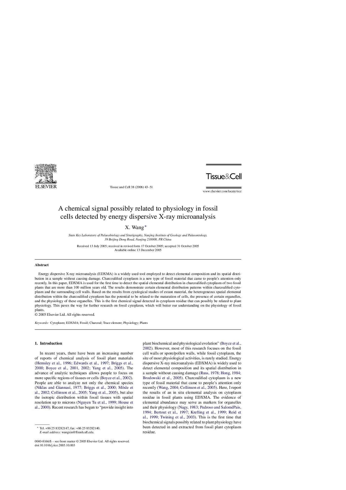 A chemical signal possibly related to physiology in fossil cells detected by energy dispersive X-ray microanalysis