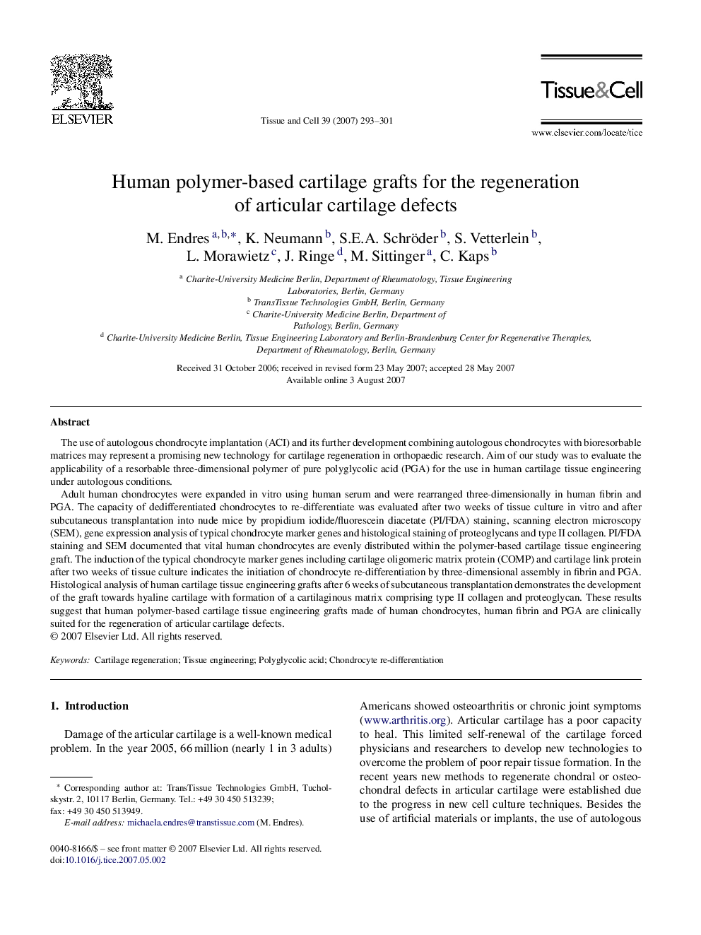 عکس صفحه اول مقاله: Human polymer-based cartilage grafts for the regeneration of articular cartilage defects Human polymer-based cartilage grafts for the regeneration of articular cartilage defects