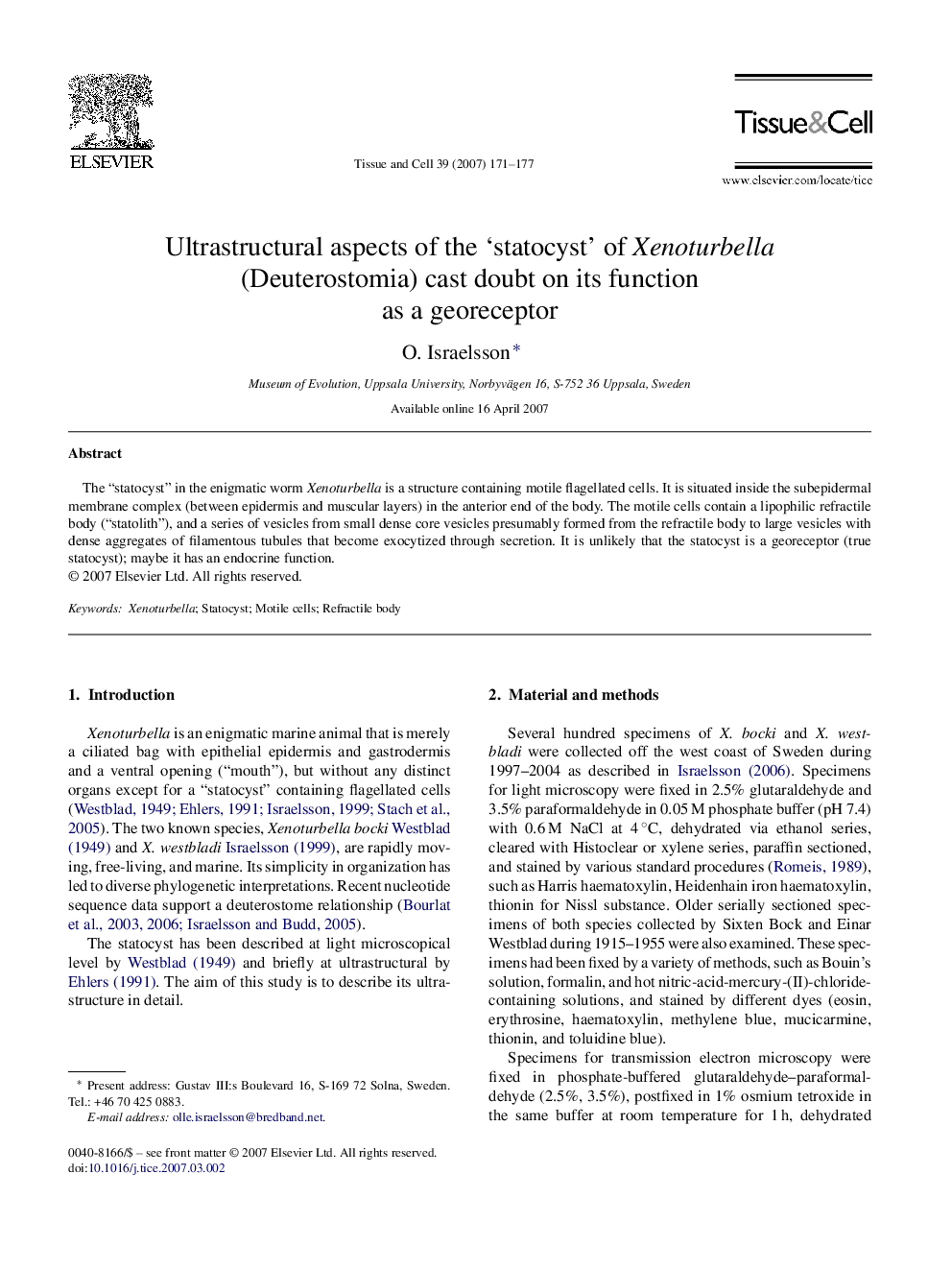 Ultrastructural aspects of the ‘statocyst’ of Xenoturbella (Deuterostomia) cast doubt on its function as a georeceptor