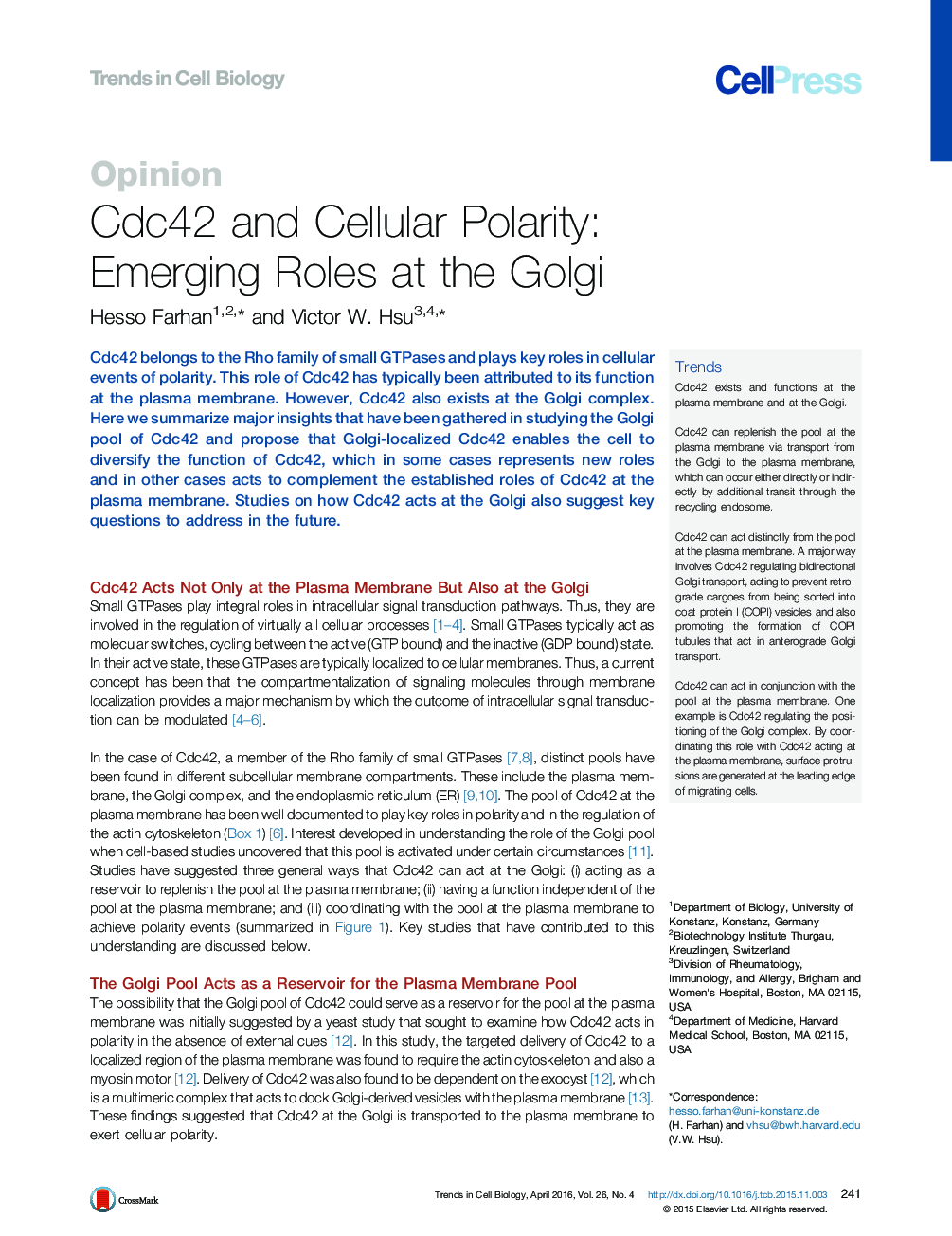 Cdc42 and Cellular Polarity: Emerging Roles at the Golgi