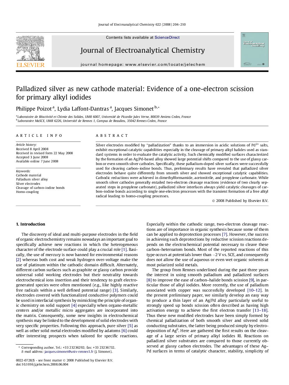 Palladized silver as new cathode material: Evidence of a one-electron scission for primary alkyl iodides