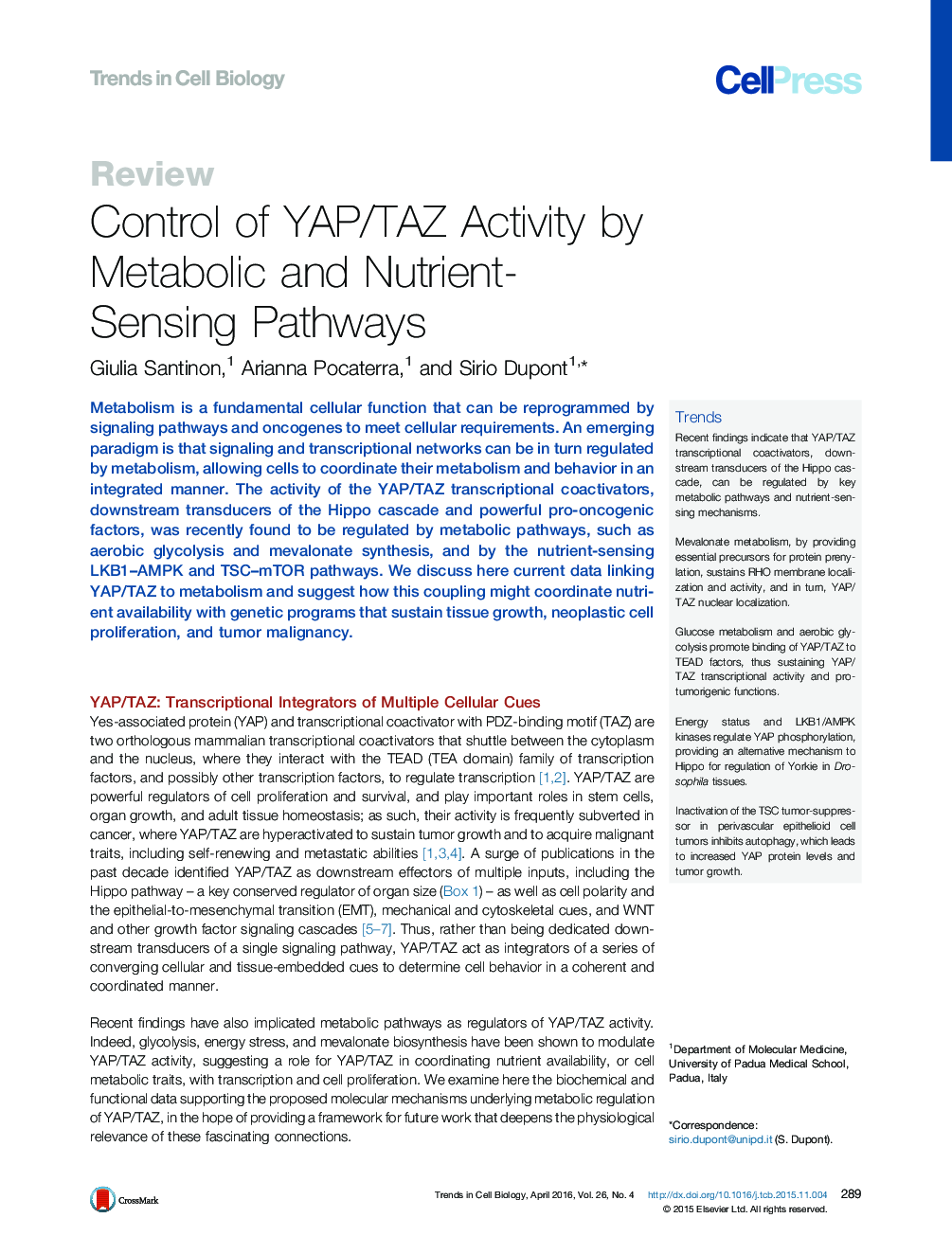 Control of YAP/TAZ Activity by Metabolic and Nutrient-Sensing Pathways