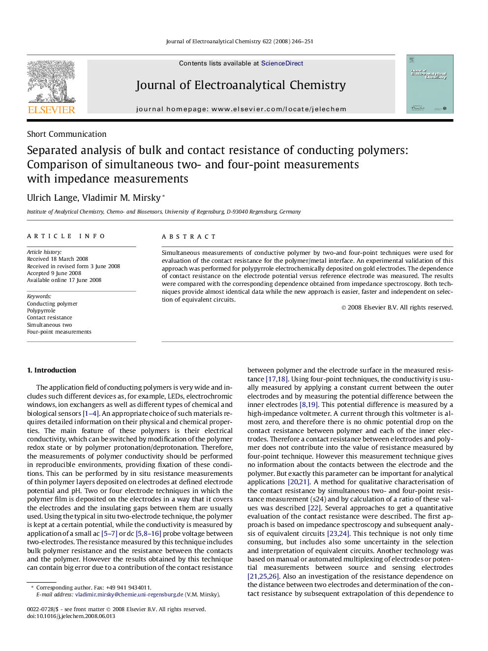 Separated analysis of bulk and contact resistance of conducting polymers: Comparison of simultaneous two- and four-point measurements with impedance measurements