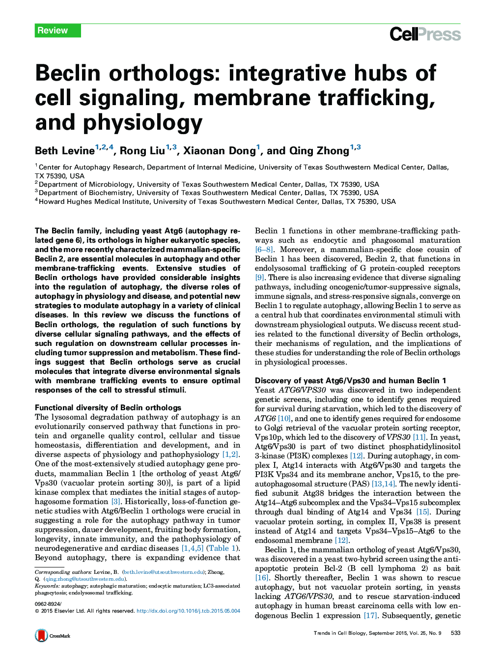 Beclin orthologs: integrative hubs of cell signaling, membrane trafficking, and physiology