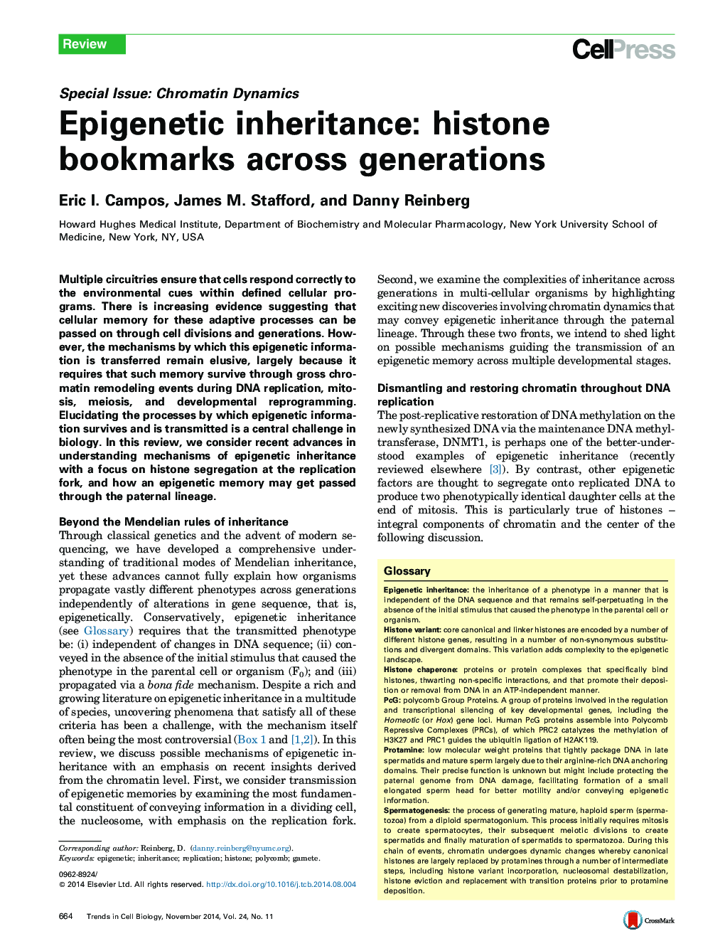 Epigenetic inheritance: histone bookmarks across generations